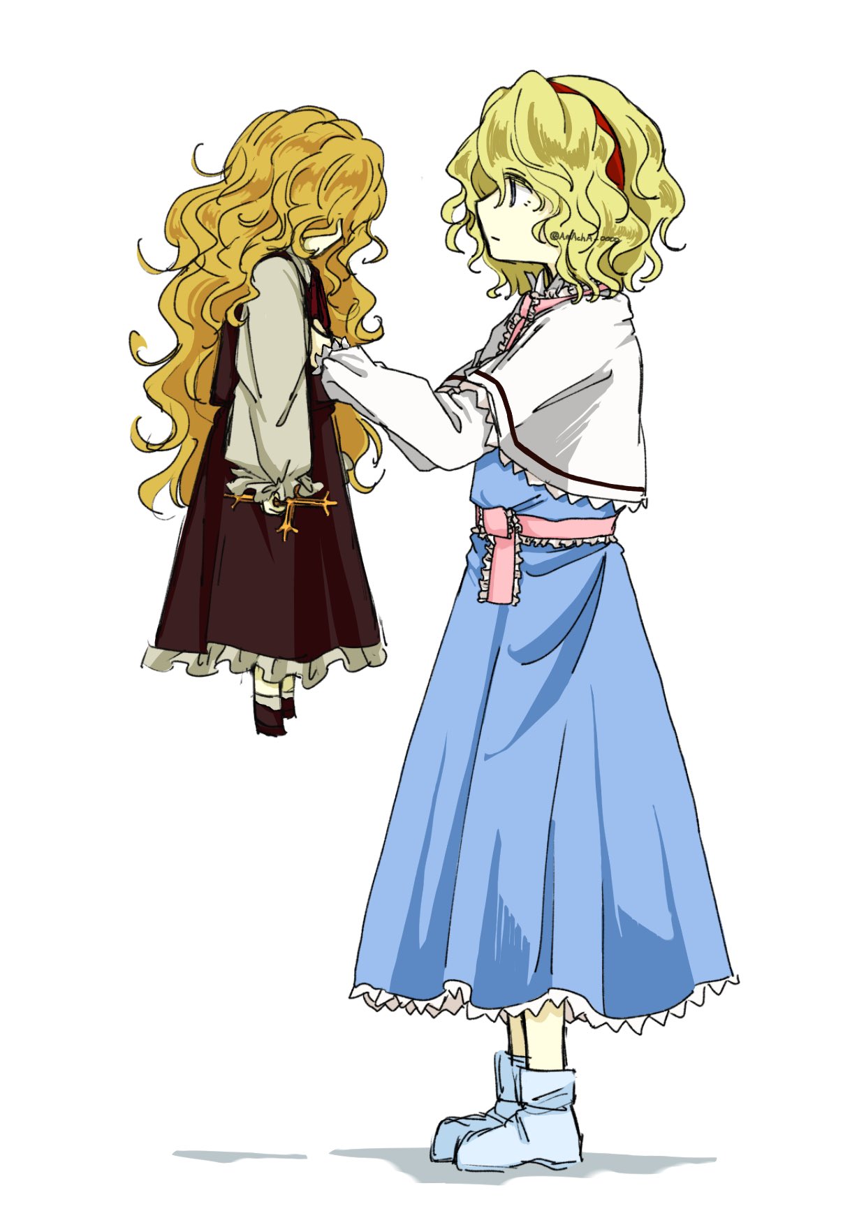 amacha 0000, alice margatroid, jacket girl (dipp), dolls in pseudo paradise, touhou, highres, blonde hair, blue dress, brown dress, capelet, closed mouth, cross, doll, dress, expressionless, frills, from side, full body, hairband, holding, holding cross, holding doll, lolita hairband, long hair, long sleeves, looking at another, medium hair, shirt, white background, white capelet, white shirt