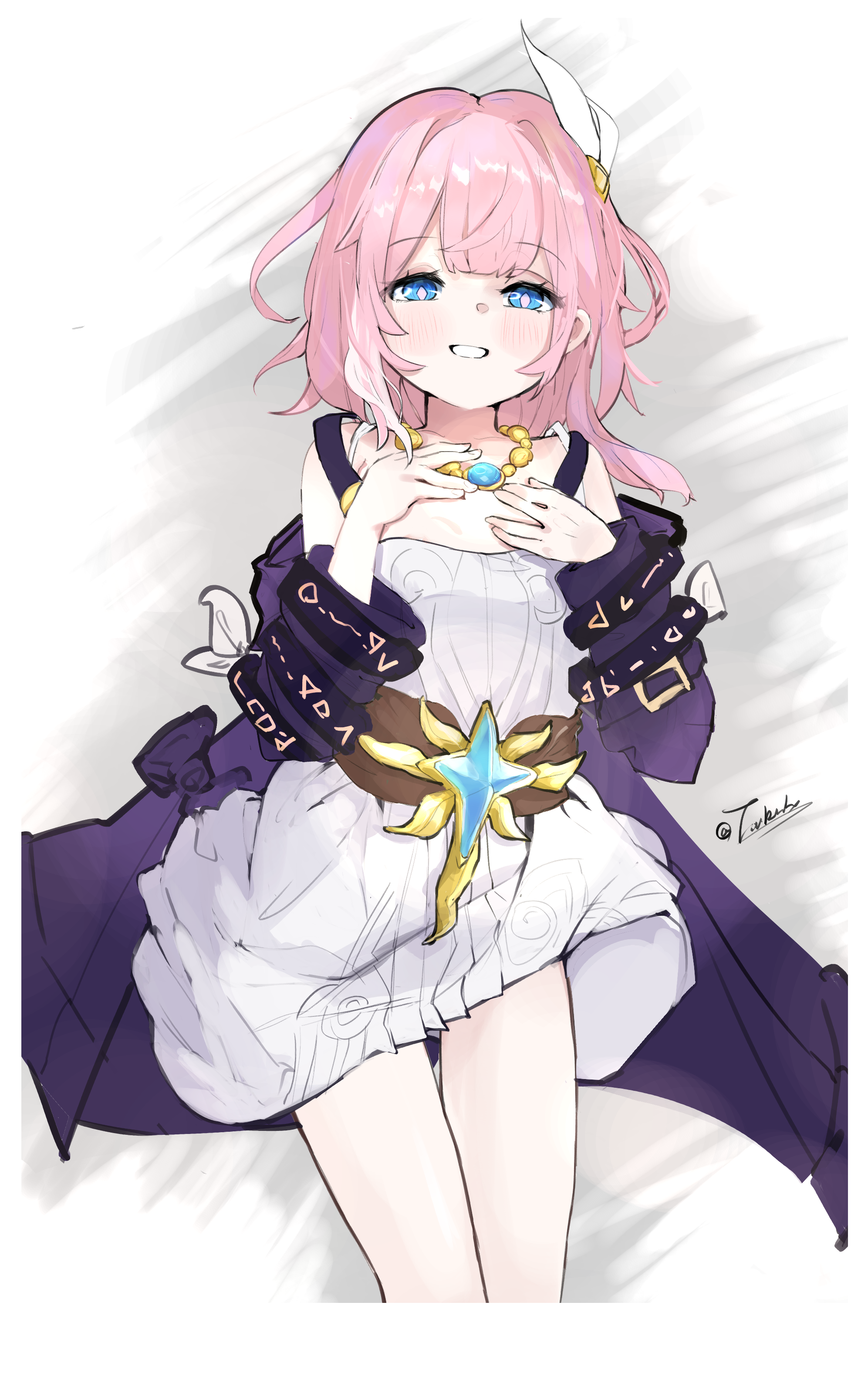 rs (airglow), cyrene (honkai: star rail), honkai: star rail, honkai (series), absurdres, commentary request, highres, 1girl, bare shoulders, blue eyes, breasts, coat, cyrene (aedes elysiae) (honkai: star rail), dress, hair ornament, jewelry, looking at viewer, lying, multicolored hair, necklace, on back, purple coat, short hair, small breasts, smile, solo, thighs, twitter username, two-tone hair, white dress, white hair