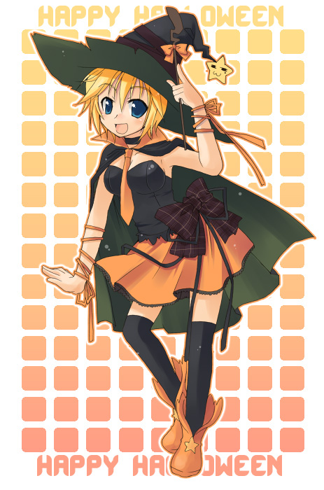 tamura hiro, izumi konata, patricia martin, lucky star, 1girl, black thighhighs, blonde hair, cape, cosplay, female focus, halloween, happy halloween, hat, lace, lace-trimmed skirt, lace trim, necktie, orange skirt, plaid ribbon, ribbon, skirt, sleeveless, solo, star (symbol), thighhighs, witch, witch hat