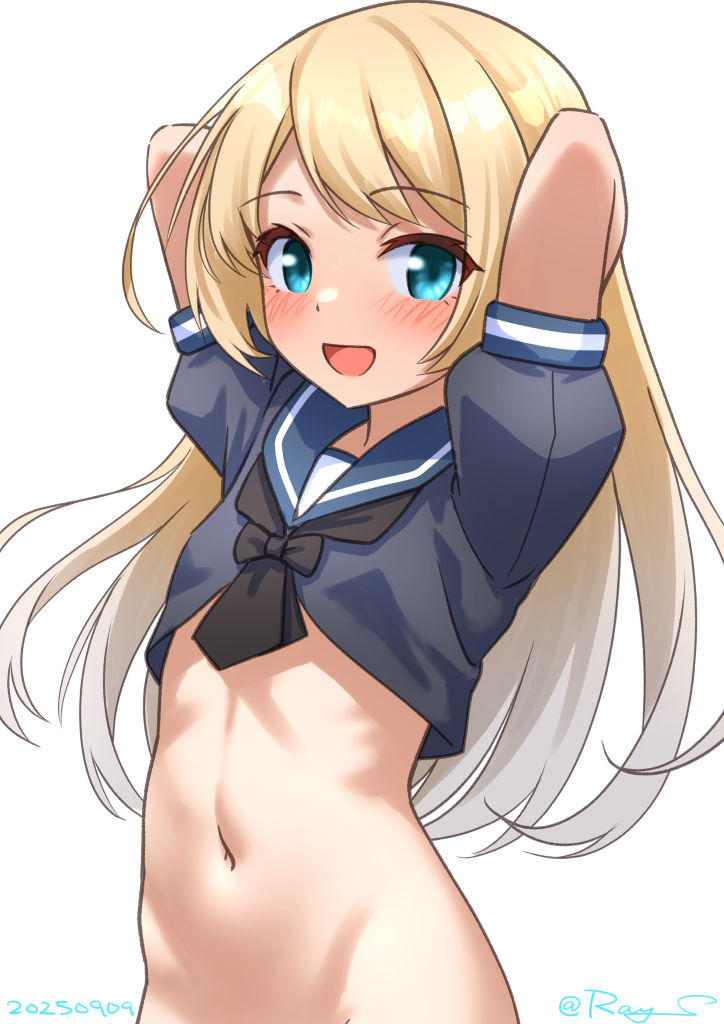 ray.s, jervis (kancolle), kantai collection, commentary request, cropped, 1girl, arms behind head, black neckerchief, blonde hair, blue eyes, blue sailor collar, blue shirt, blush, bottomless, dated, long hair, looking at viewer, navel, neckerchief, one-hour drawing challenge, open mouth, sailor collar, shirt, short sleeves, simple background, smile, solo, stomach, twitter username, upper body, white background