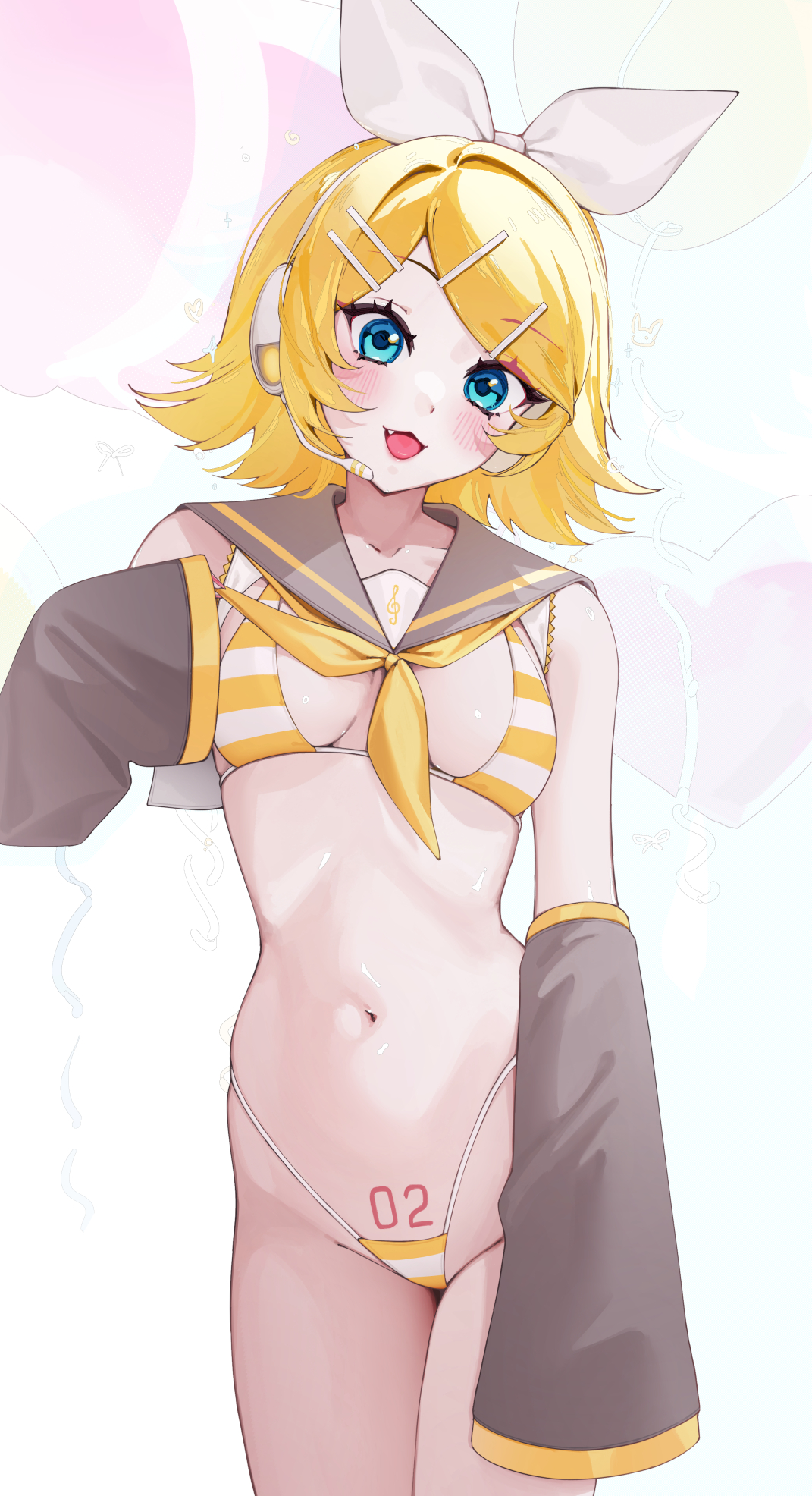 waytok, kagamine rin, vocaloid, highres, 1girl, aqua eyes, bare shoulders, bikini, blush, breasts, detached sleeves, headphones, looking at viewer, medium breasts, medium hair, navel, neckerchief, number tattoo, sailor collar, simple background, smile, solo, stomach, striped bikini, striped clothes, swimsuit, tattoo, yellow neckerchief