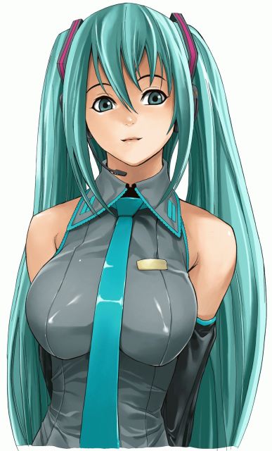 hatsune miku, vocaloid, 1girl, aqua eyes, aqua hair, aqua necktie, bare shoulders, breasts, detached sleeves, female focus, hair between eyes, hairband, headset, large breasts, long hair, necktie, simple background, solo, twintails, very long hair