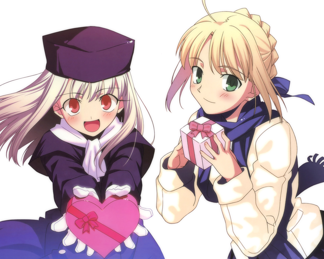 takeuchi takashi, artoria pendragon (fate), illyasviel von einzbern, saber (fate), fate/stay night, fate (series), 00s, 2girls, blue scarf, gift, hat, holding, holding gift, multiple girls, purple hat, scarf, valentine, white scarf