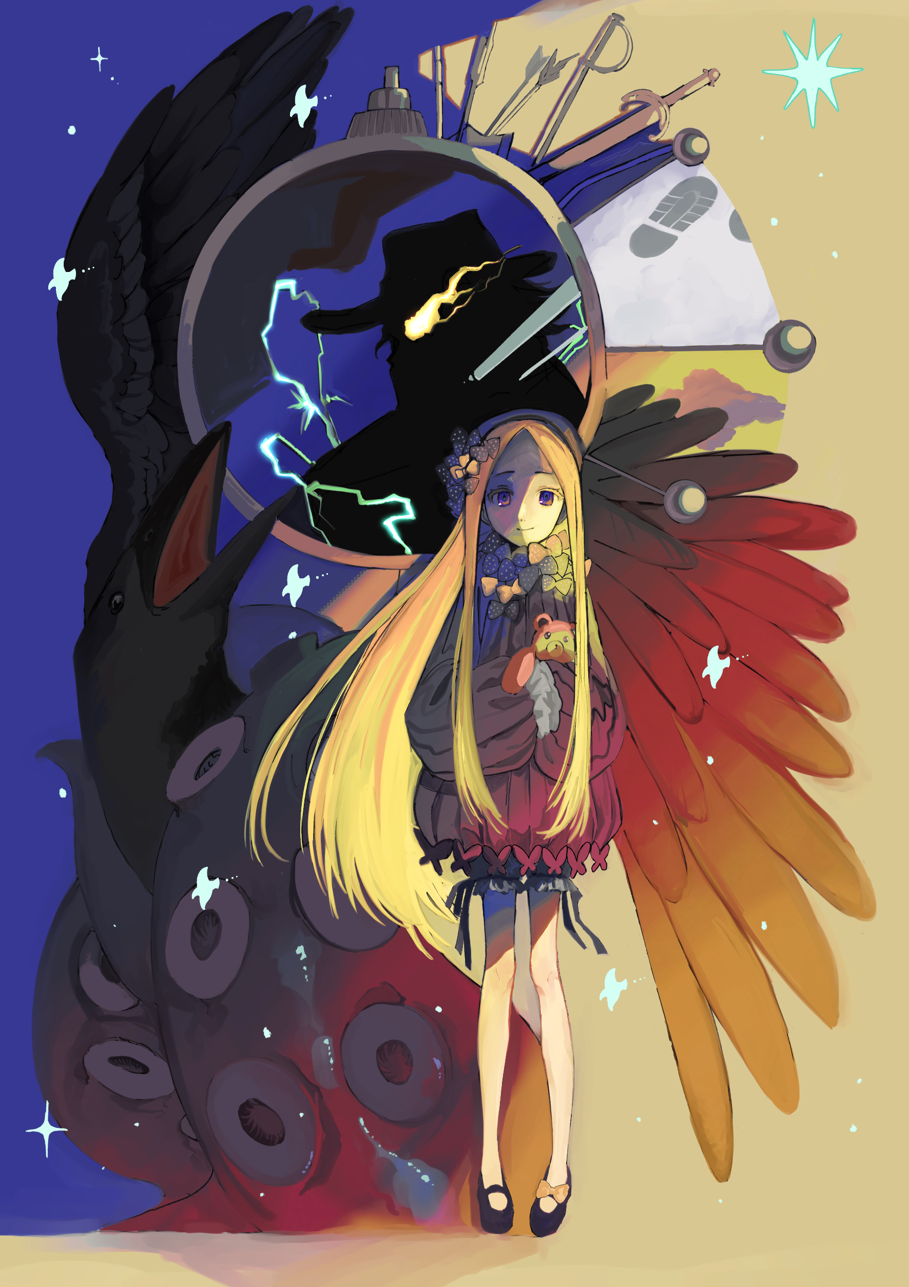 igurumi 00128, abigail williams (fate), edmond dantes (fate), fate/grand order, fate (series), absurdres, highres, 1girl, bird, black bow, black shoes, blue eyes, bow, crow, electricity, flaming eye, footprints, id (fate/grand order), long hair, parted bangs, shoes, sleeves past fingers, sleeves past wrists, smile, sparkle, stuffed animal, stuffed toy, teddy bear, tentacles, very long hair