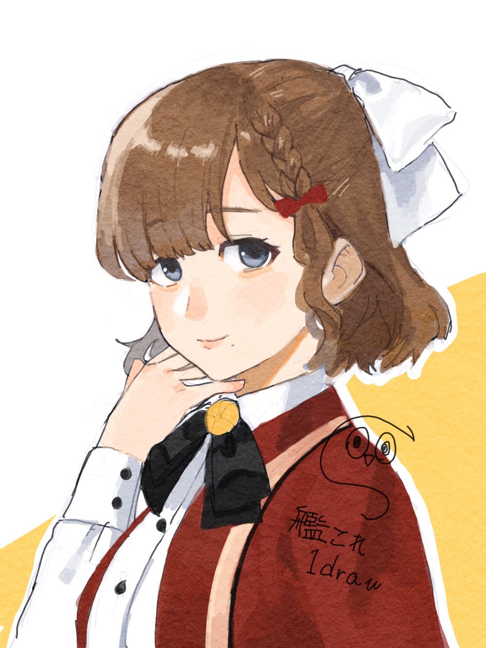 asahi (kancolle), kantai collection, highres, 1girl, artist logo, braid, brown hair, coat, collared shirt, dress shirt, grey eyes, logo, looking at viewer, mole, mole under mouth, one-hour drawing challenge, red coat, ribbon, sabakanbasupisu, shirt, short hair, single braid, smile, solo, upper body, white ribbon, white shirt