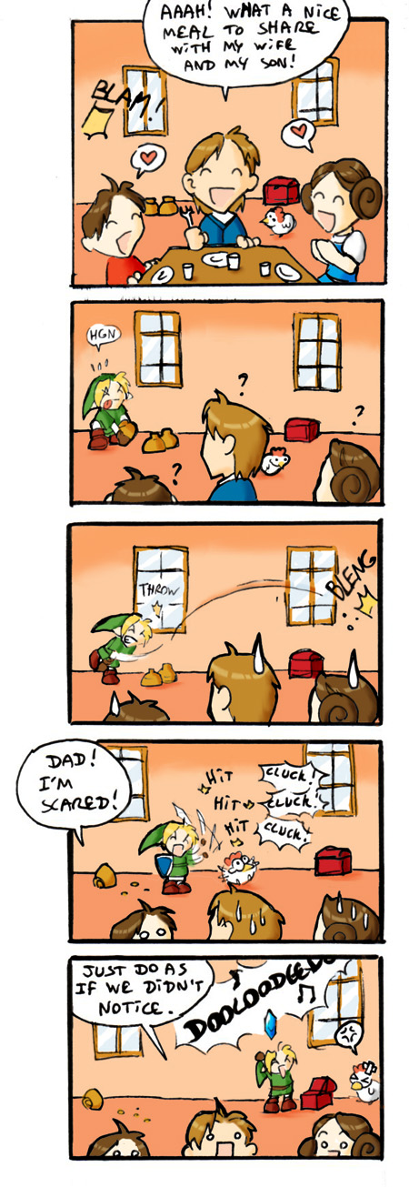 link, nintendo, the legend of zelda, highres, 1girl, 3boys, comic, english text, engrish text, father and son, mother and son, multiple boys, parody, ranguage