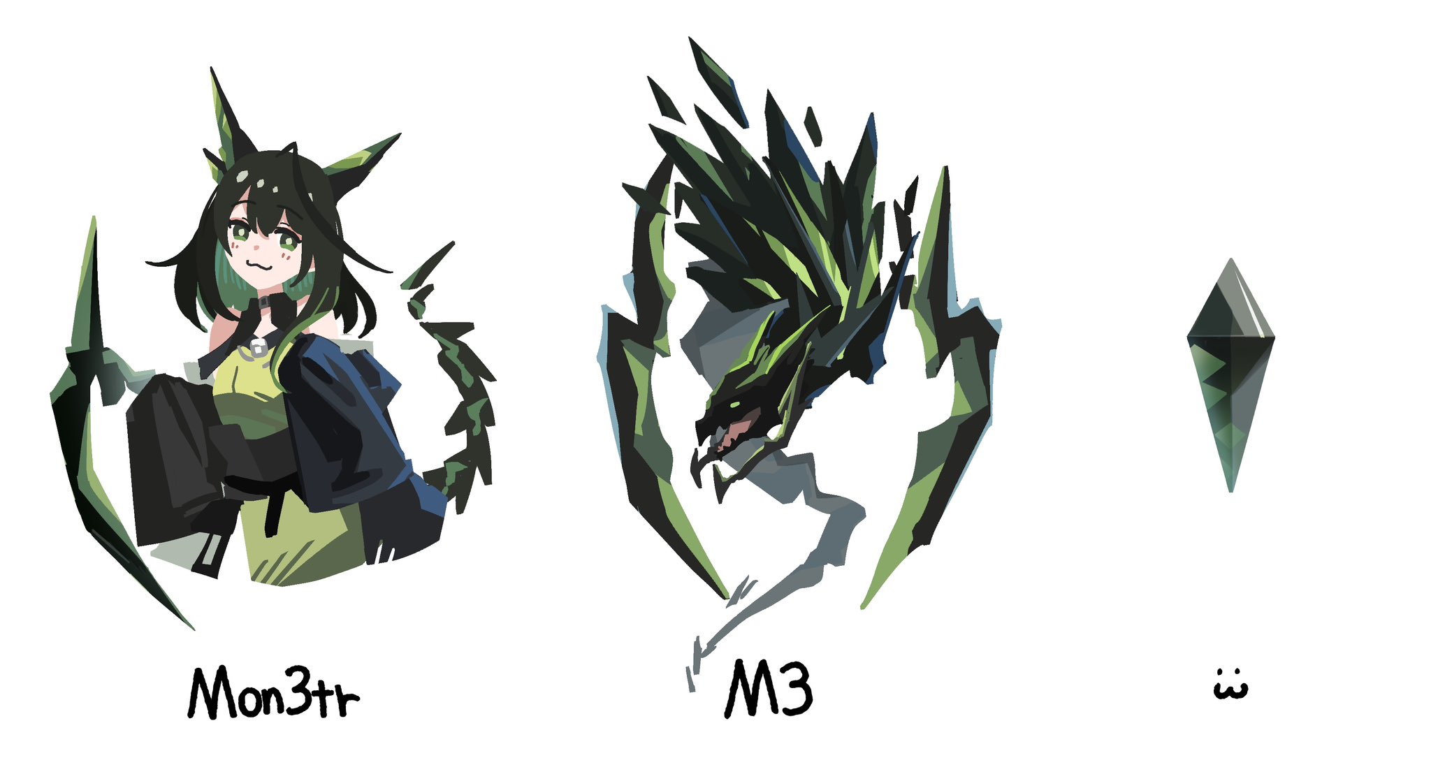 yuec, mon3tr (arknights), mon3tr (summon) (arknights), arknights, commentary, english commentary, highres, 1girl, :3, ahoge, animal ears, black coat, black hair, blush, bright pupils, cat ears, coat, colored inner hair, cropped torso, dress, fake animal ears, green dress, green eyes, green hair, how much can i simplify, huge ahoge, long hair, long sleeves, looking at viewer, monster, multicolored hair, off-shoulder jacket, off shoulder, simple background, sleeves past fingers, sleeves past wrists, stethoscope around neck, white background, white pupils