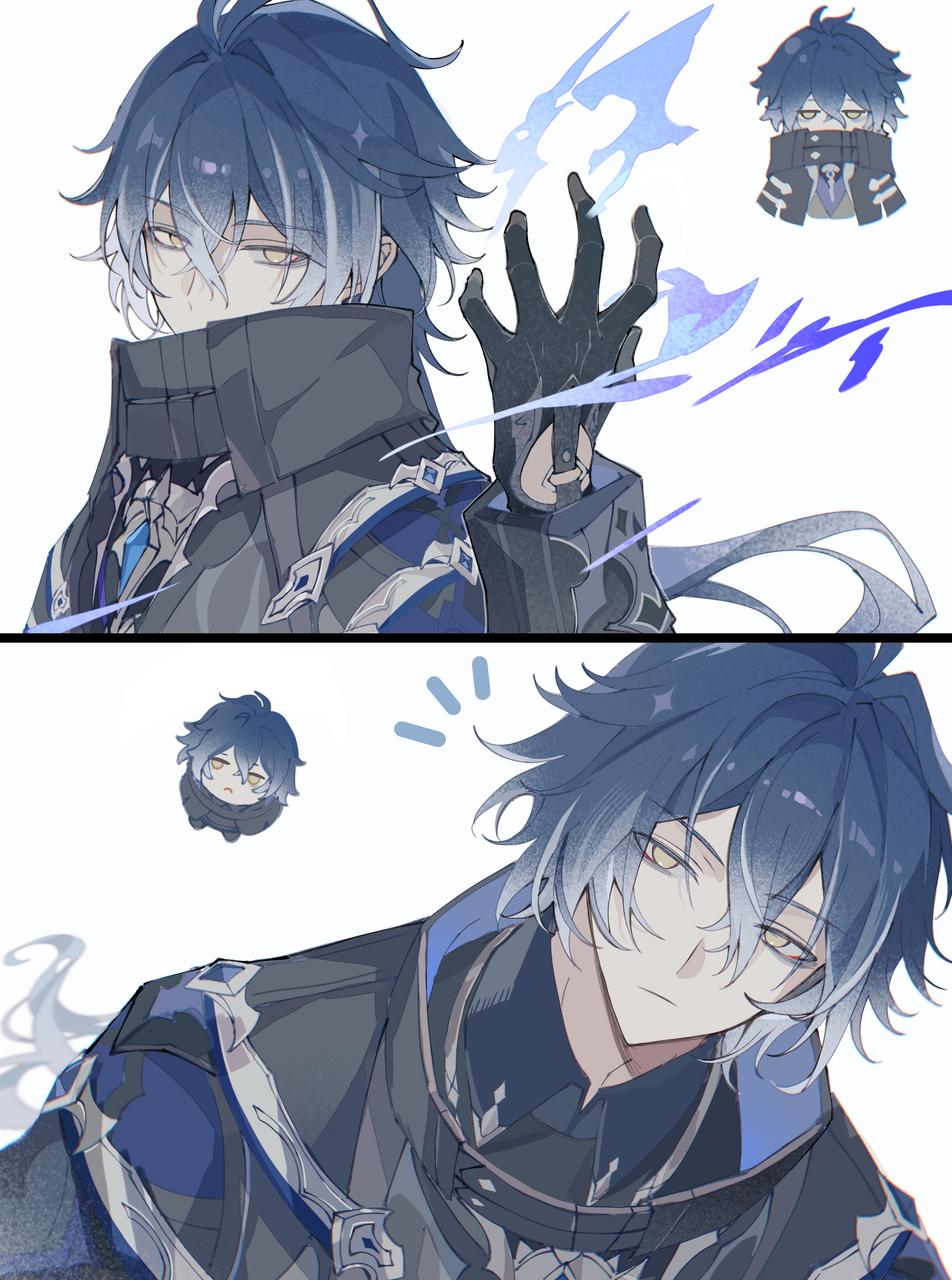 yue (shemika98425261), flins (genshin impact), genshin impact, absurdres, chinese commentary, highres, 1boy, ahoge, antenna hair, bags under eyes, black coat, black gloves, black shirt, blue eyes, blue fire, blue hair, chibi, closed mouth, coat, collared coat, collared shirt, curly hair, expressionless, fire, gloves, gradient hair, grey background, hand up, high collar, huge ahoge, long hair, long sleeves, looking at viewer, looking to the side, male focus, multicolored hair, notice lines, powering up, shade, shirt, simple background, solo, upper body, yellow eyes