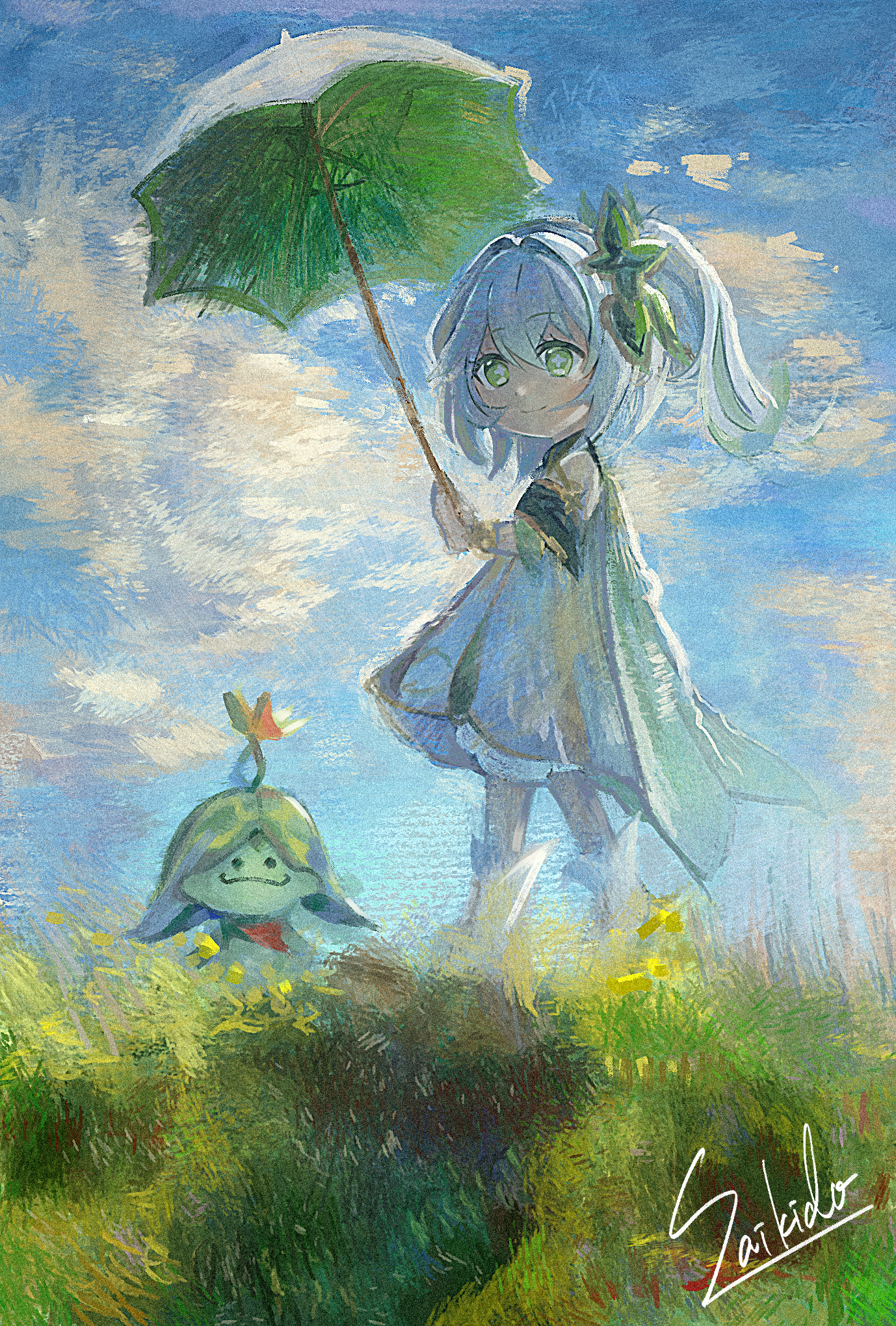 aranara (genshin impact), nahida (genshin impact), genshin impact, woman with a parasol, commentary request, highres, 1girl, bare shoulders, closed mouth, day, detached sleeves, dress, grass, green eyes, green umbrella, hair between eyes, hand up, hitaren illust, holding, holding umbrella, looking at viewer, outdoors, signature, sleeveless, sleeveless dress, smile, solo, umbrella, walking, white dress, white hair