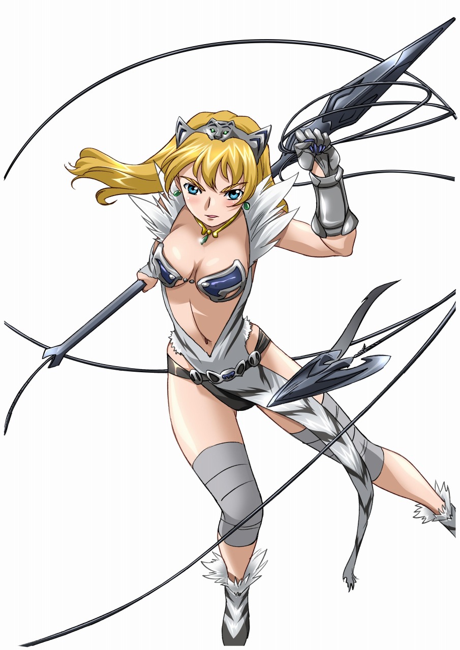 hisayuki hirokazu, captain of the royal guard elina, elina (queen's blade), queen's blade, fur, highres, non-web source, 00s, 1girl, armor, bikini armor, blonde hair, blue eyes, breasts, cleavage, earrings, female focus, gauntlets, hairband, jewelry, large breasts, loincloth, polearm, solo, spear, weapon