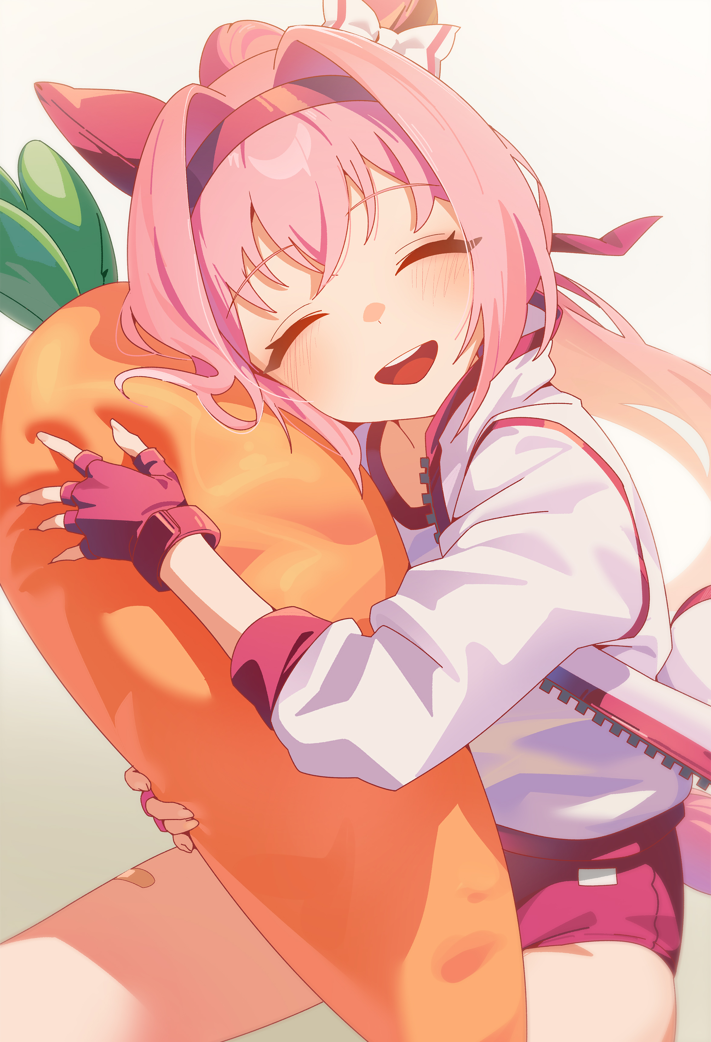 behalter, haru urara (umamusume), umamusume, absurdres, highres, animal ears, bandaid, bandaid on leg, bow, buruma, carrot-shaped pillow, ear bow, ear covers, fingerless gloves, gloves, haru urara (bestest prize) (umamusume), headband, horse ears, horse girl, horse tail, hug, hugging object, long hair, pillow, pillow hug, pink hair, ponytail, red buruma, red gloves, red headband, smile, tail