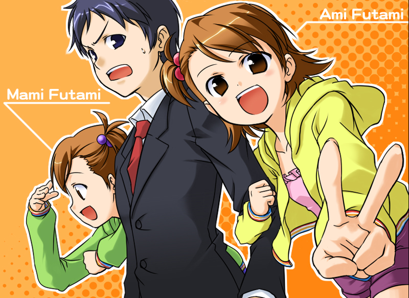 peshi (studio.zyx), futami ami, futami mami, idolmaster, idolmaster (classic), idolmaster 1, 00s, 1boy, 2girls, :d, black hair, brown eyes, brown hair, character name, flipped hair, hair bobbles, hair ornament, multiple girls, open mouth, siblings, sisters, smile, twins, v