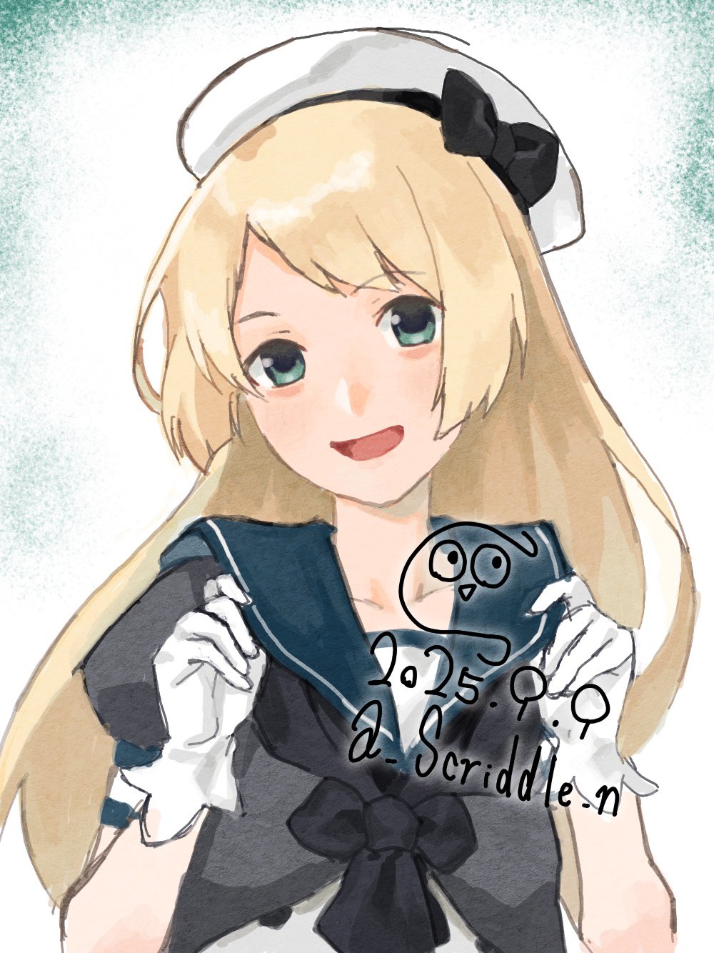 jervis (kancolle), kantai collection, highres, 1girl, artist logo, black neckerchief, blonde hair, blue eyes, blue sailor collar, dress, gloves, hat, logo, long hair, looking at viewer, neckerchief, one-hour drawing challenge, open mouth, sabakanbasupisu, sailor collar, sailor dress, sailor hat, short sleeves, smile, solo, twitter username, upper body, w arms, white dress, white gloves, white hat