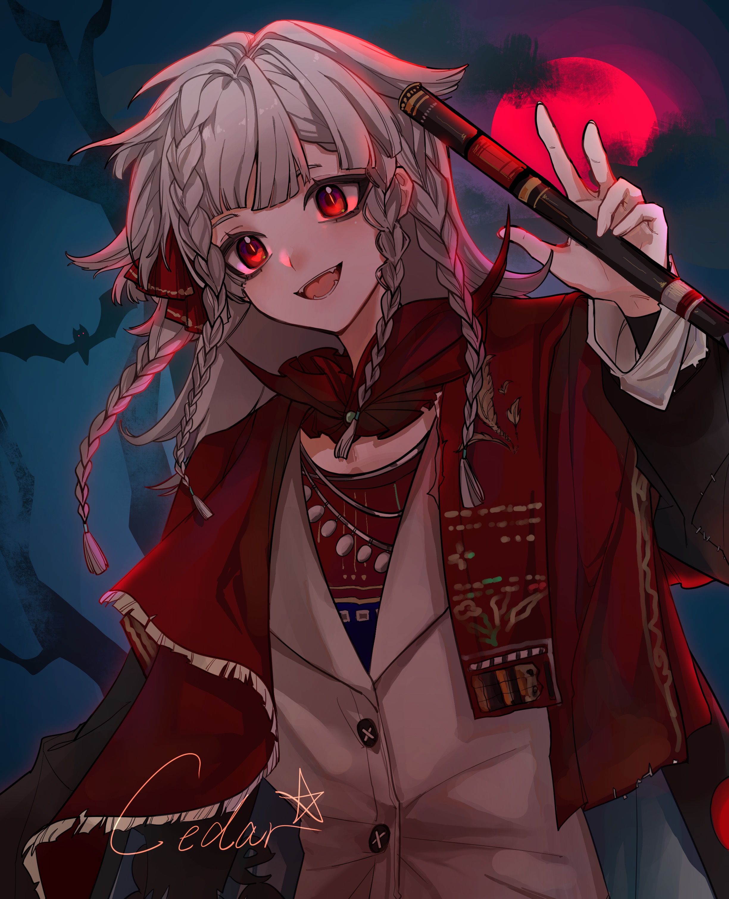 yi ke xuesongshu, rubuska, reverse:1999, absurdres, highres, 1girl, :d, artist name, bare tree, bat (animal), black coat, braided sidelocks, cloud, coat, fangs, flute, grey hair, hand up, holding, holding flute, holding instrument, instrument, jacket, long hair, moon, night, night sky, open mouth, quad braids, red eyes, red moon, red scarf, scarf, signature, sky, smile, solo, tree, upper body, white jacket