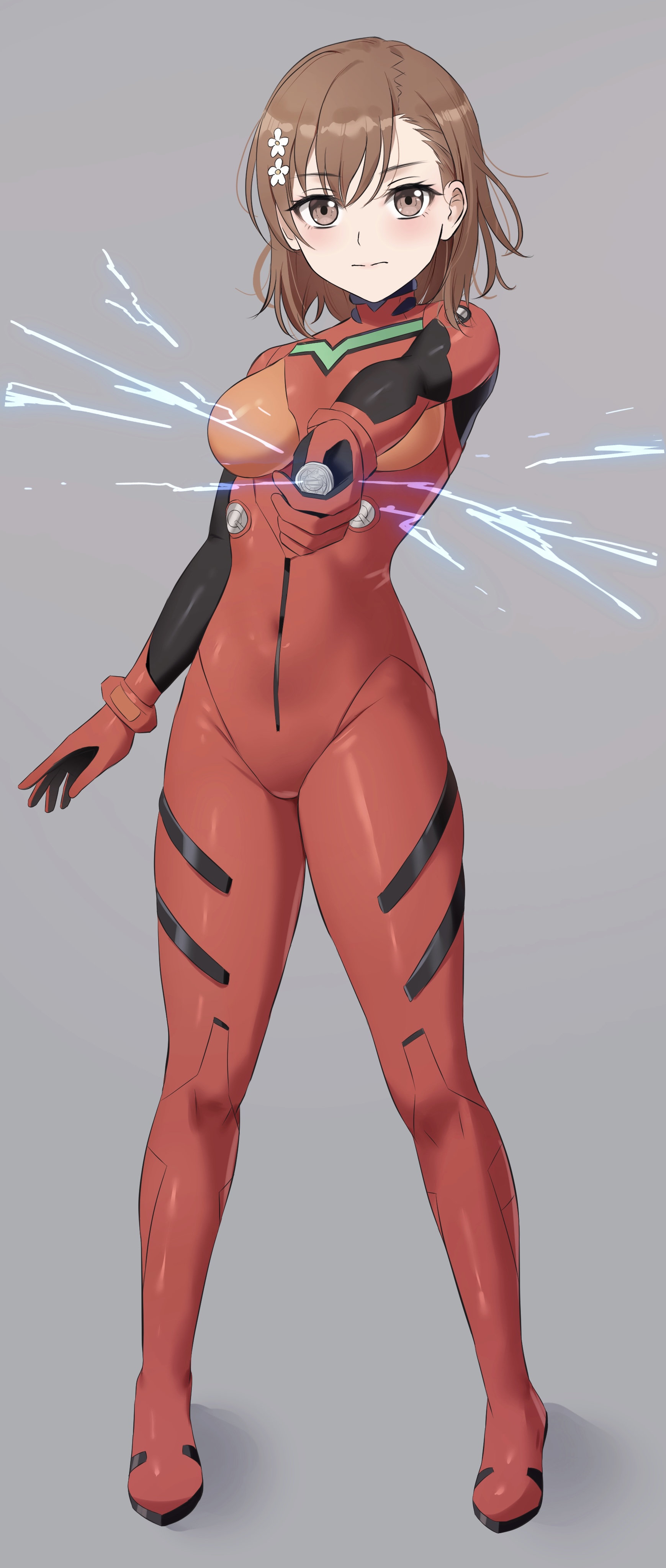 amayo thranana, misaka mikoto, souryuu asuka langley, neon genesis evangelion, toaru kagaku no railgun, toaru majutsu no index, absurdres, commentary request, commission, highres, skeb commission, 1girl, alternate costume, bodysuit, breasts, brown eyes, brown hair, closed mouth, coin, cosplay, covered navel, electricity, electrokinesis, full body, grey background, hair ornament, hairpin, holding, holding coin, looking at viewer, mecha pilot suit, medium breasts, medium hair, plugsuit (evangelion), red bodysuit, simple background, solo, souryuu asuka langley (cosplay), standing