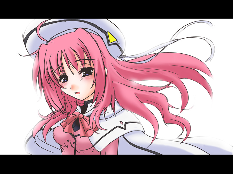 frapowa, caro ru lushe, lyrical nanoha, mahou shoujo lyrical nanoha, mahou shoujo lyrical nanoha strikers, 00s, 1girl, ahoge, alternate hair length, alternate hairstyle, bow, cape, coat, female focus, letterboxed, magical girl, pink bow, pink hair, solo