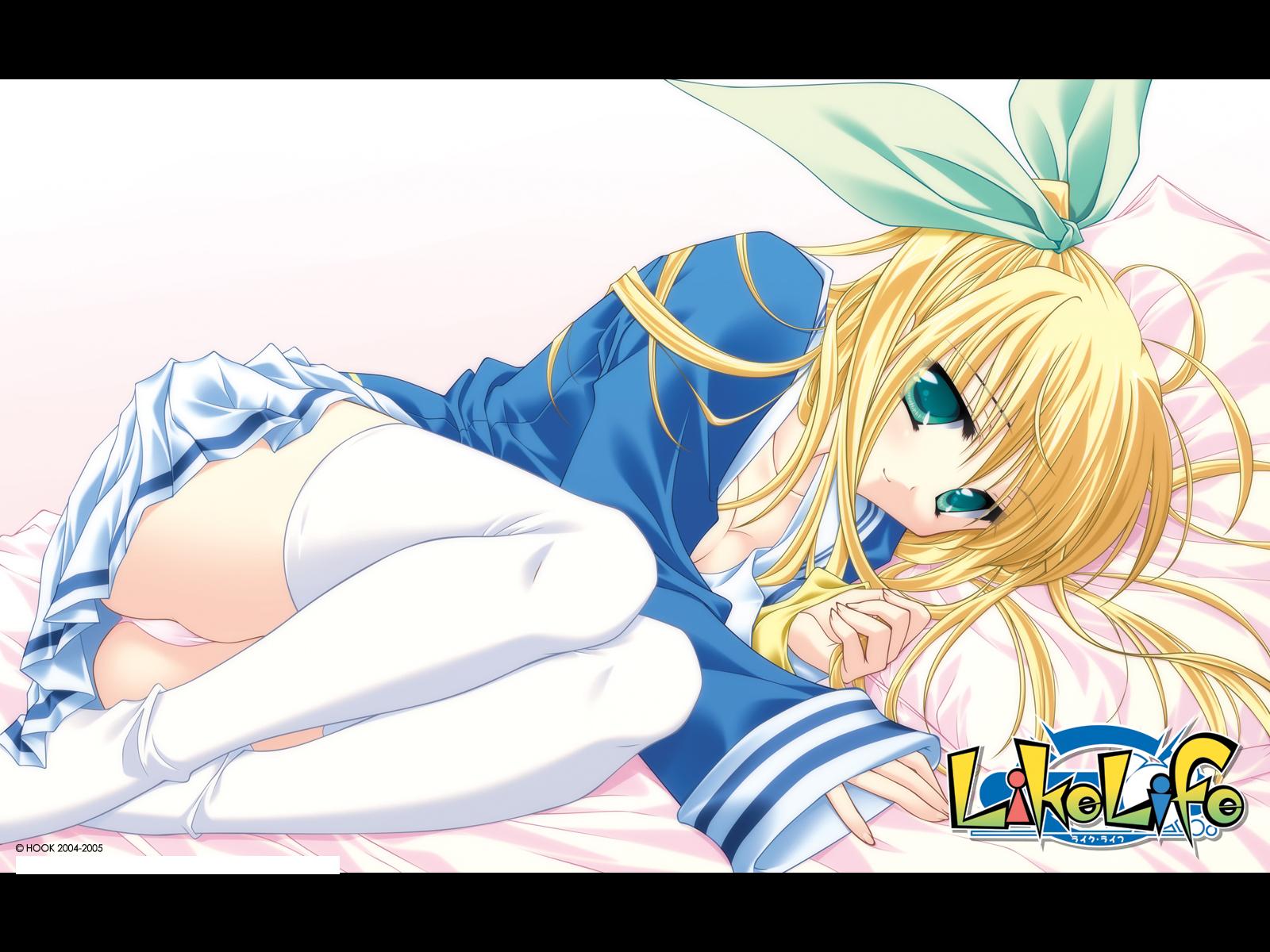 matsushita makako, rakko (makarakko), miyasato yumi, like life, highres, third-party source, 1girl, bed, blonde hair, breasts, cleavage, female focus, green eyes, hair ribbon, letterboxed, long hair, lying, on side, panties, pantyshot, pillow, pink panties, ribbon, school uniform, serafuku, skirt, small breasts, smile, solo, thighhighs, underwear, white thighhighs, zettai ryouiki