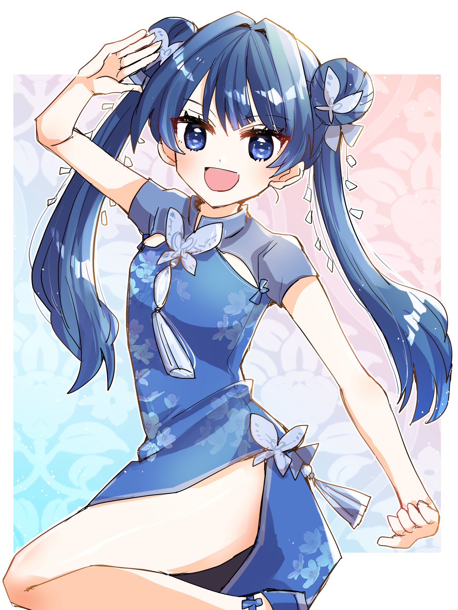 kanduki kamibukuro, murano sayaka, link! like! love live!, love live!, commentary request, highres, 1girl, :d, arm up, bare legs, blue background, blue dress, blue eyes, blue hair, blue shoes, border, china dress, chinese clothes, cowboy shot, double bun, dress, flat chest, gradient background, hair bun, leg up, looking at viewer, official alternate costume, official alternate hairstyle, open mouth, outside border, red background, salute, shiren koto no tora (love live!), shoes, short sleeves, side slit, smile, solo, twintails, two-tone background, virtual youtuber, white border