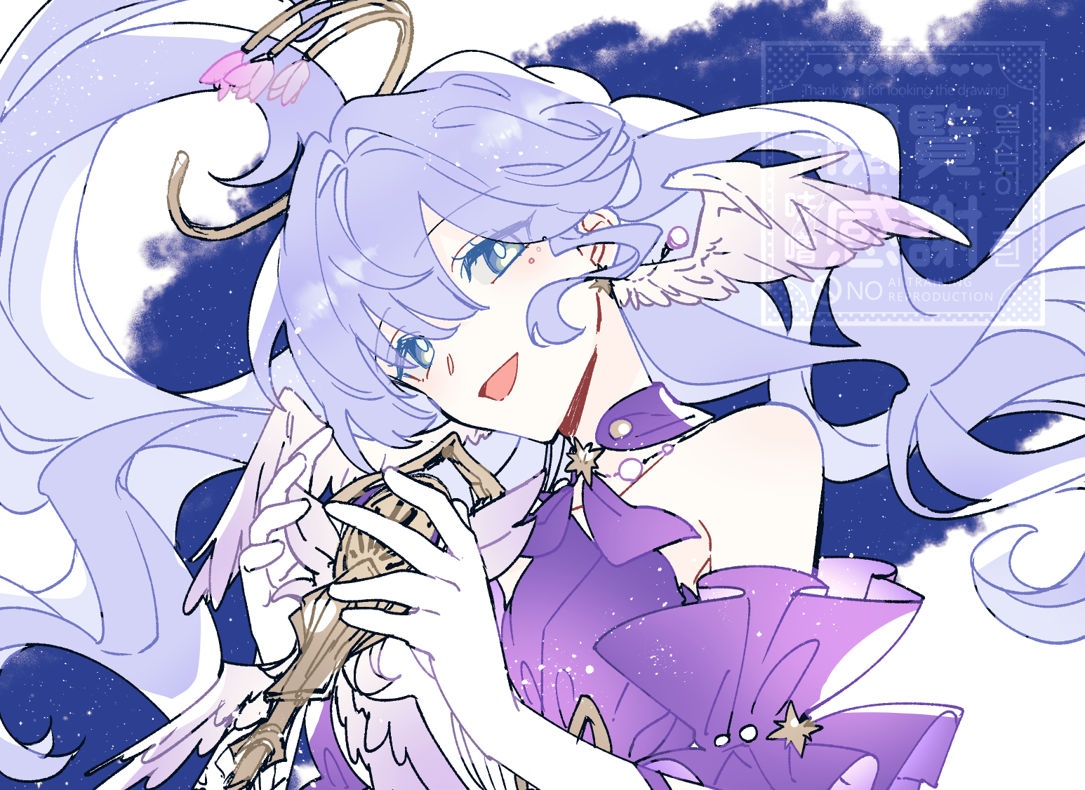 misooo ll, robin (honkai: star rail), honkai: star rail, honkai (series), 1girl, choker, collar, dress, face jewel, gloves, halo, halo behind head, head wings, jewel under eye, open mouth, purple choker, purple collar, purple dress, smile, solo, two-tone dress, white gloves, white wings, wings