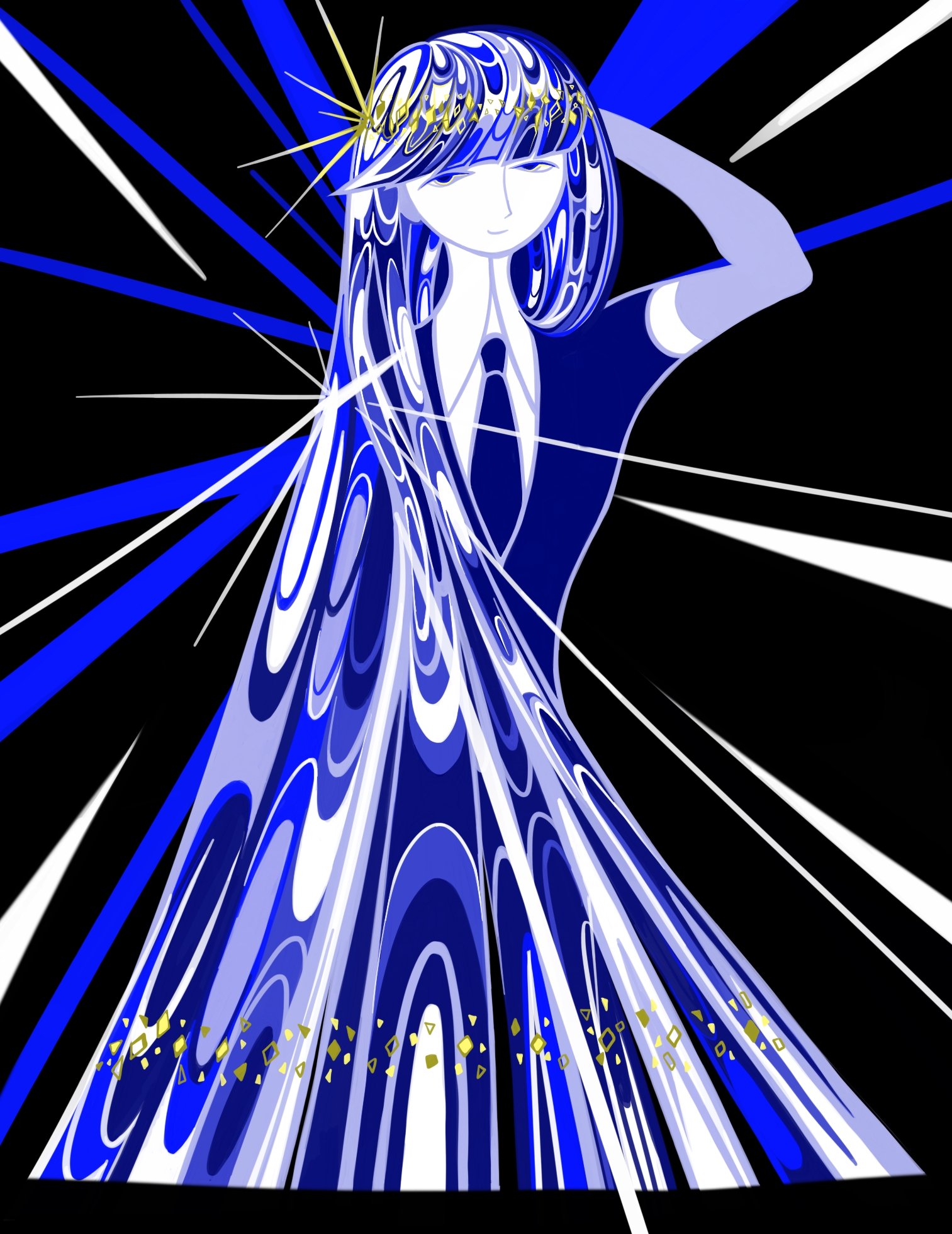 lapis lazuli (houseki no kuni), houseki no kuni, highres, 1other, arm behind head, arm up, black necktie, blue hair, crystal hair, gem uniform (houseki no kuni), iwa (erwinsfootstall), long hair, looking at viewer, necktie, smile, solo