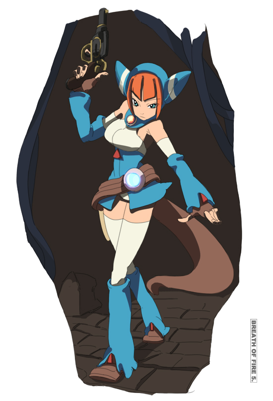 lin, yupii, lin (breath of fire), breath of fire, breath of fire v, capcom, bad id, bad pixiv id, 1girl, boots, female focus, gun, knee boots, red hair, solo, thighhighs, weapon, zettai ryouiki