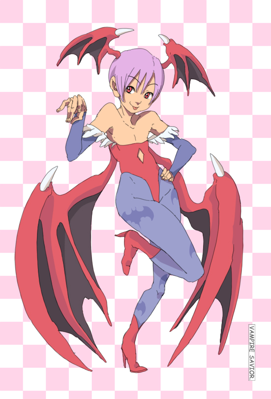 yupii, lilith (darkstalkers), capcom, darkstalkers, 1girl, animal print, bat print, boots, demon girl, elbow gloves, female focus, gloves, head wings, leotard, pantyhose, print pantyhose, purple hair, purple pantyhose, red eyes, red leotard, solo, tongue, wings