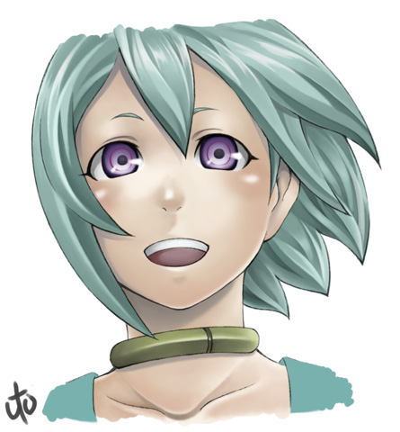 eureka (eureka seven), eureka seven, eureka seven (series), lowres, 00s, 1girl, :d, aqua hair, blush, close-up, collar, collarbone, female focus, floating hair, looking at viewer, open mouth, purple eyes, short hair, signature, smile, solo, tareme, teeth