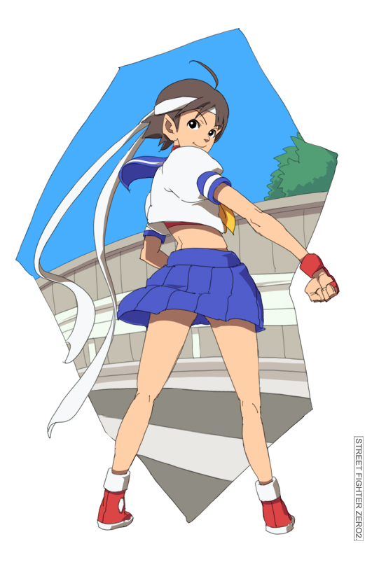 yupii, kasugano sakura, capcom, street fighter, street fighter zero (series), 1990s (style), 1girl, bare legs, black eyes, blue sailor collar, brown hair, female focus, fingerless gloves, from behind, gloves, hairband, headband, looking back, midriff, neckerchief, retro artstyle, road, sailor collar, school uniform, serafuku, shoes, short hair, skirt, sneakers, solo