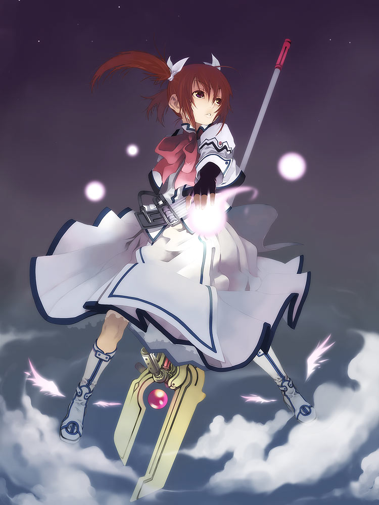 shiomiya iruka, raising heart, raising heart (buster mode), takamachi nanoha, lyrical nanoha, mahou shoujo lyrical nanoha, mahou shoujo lyrical nanoha a's, mahou shoujo lyrical nanoha strikers, winged footwear, 00s, 1girl, alternate costume, bow, energy ball, female focus, fingerless gloves, gloves, magical girl, red bow, red hair, shoes, solo, twintails, wings