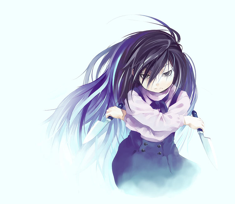 shiomiya iruka, original, 1girl, blouse, female focus, frown, kitchen knife, knife, long hair, reverse grip, shirt, skirt, solo, suspender skirt, suspenders, very long hair, white background, white shirt