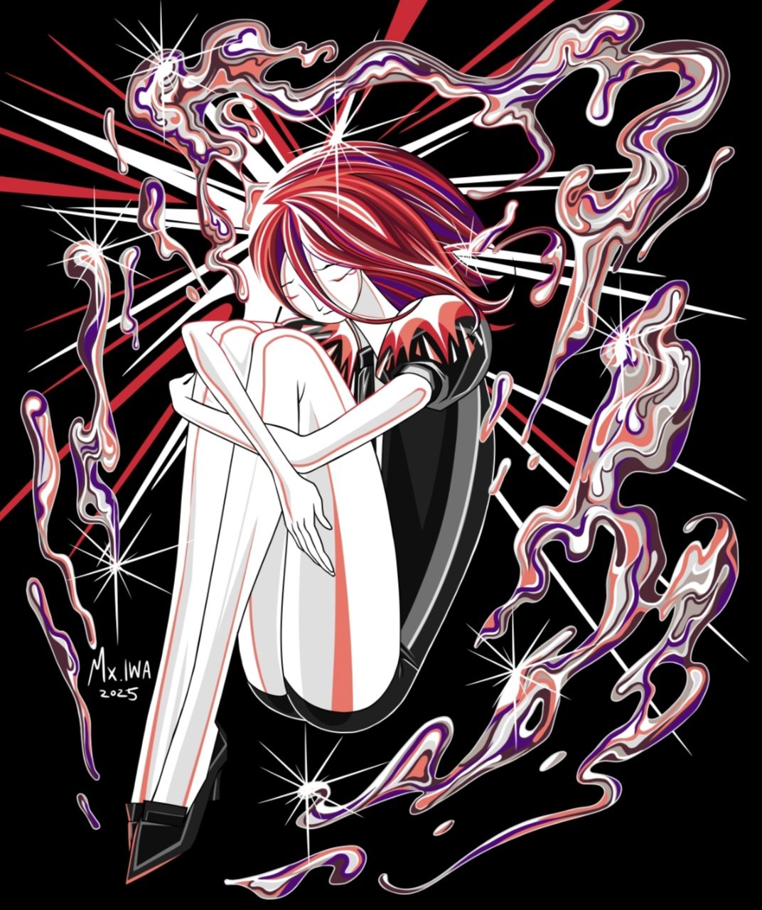 cinnabar (houseki no kuni), houseki no kuni, highres, 1other, black background, black necktie, black shoes, closed eyes, crystal hair, gem uniform (houseki no kuni), glint, hair between eyes, iwa (erwinsfootstall), knees up, long hair, mercury (element), necktie, puffy short sleeves, puffy sleeves, red hair, shoes, short sleeves, solo
