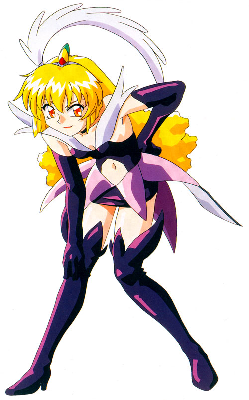 azuma kiyohiko, pixy misa, pretty sammy, mahou shoujo pretty sammy, 1990s (style), 1girl, blonde hair, boots, elbow gloves, female focus, gloves, looking at viewer, retro artstyle, simple background, solo, thighhighs, white background