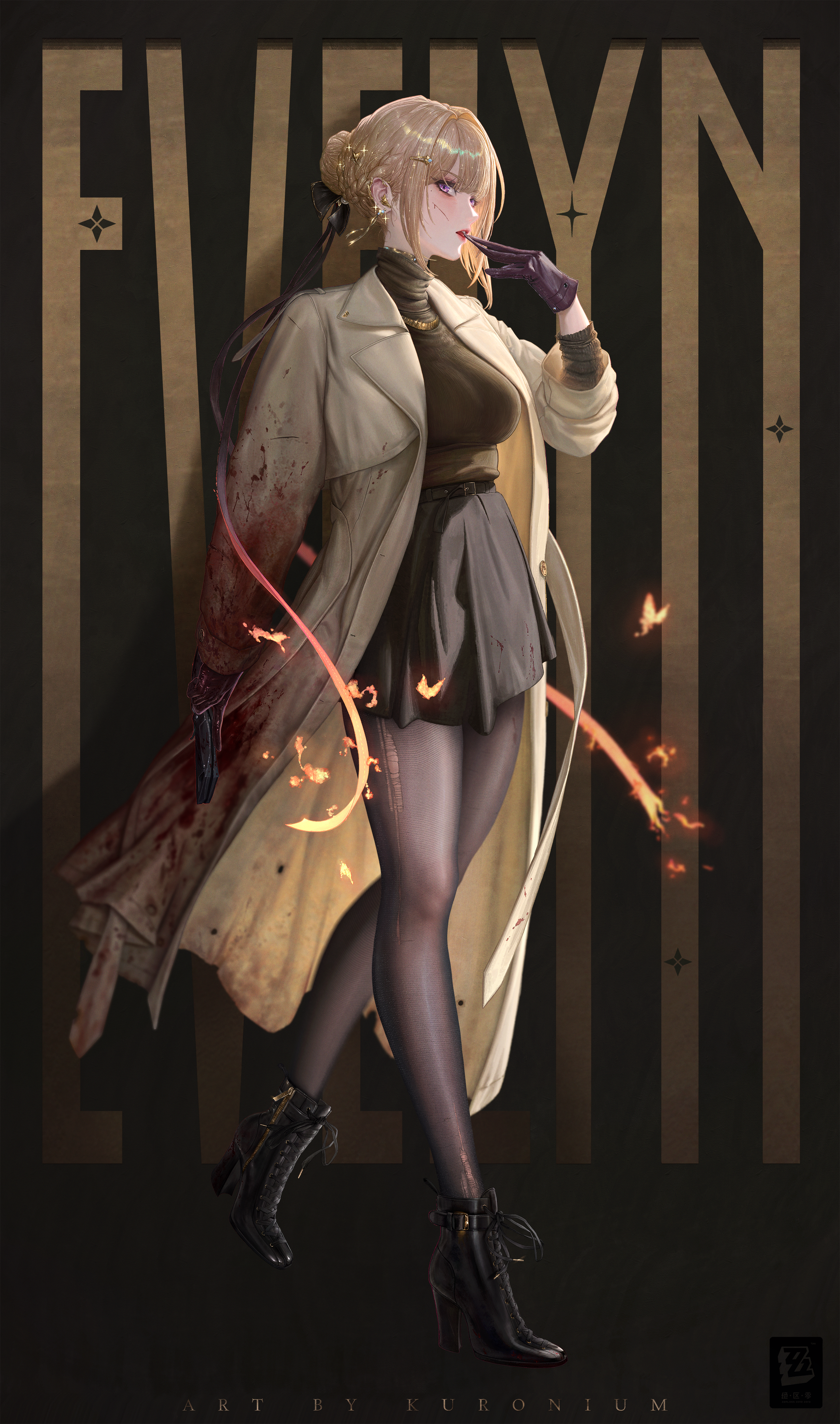 jagercoke, evelyn chevalier, zenless zone zero, absurdres, highres, 1girl, alternate costume, artist name, biting, biting glove, black boots, black gloves, black pantyhose, black shoes, black skirt, black sweater, blonde hair, blood, blood on clothes, blood on face, blood on feet, bloody knife, bloody weapon, boots, breasts, brown background, brown coat, character name, coat, cuts, full body, gloves, gun, hair up, high heel boots, high heels, holding, holding gloves, holding knife, holding unworn clothes, holding weapon, injury, jewelry, knife, large breasts, looking at viewer, necklace, pantyhose, purple eyes, red lips, shoes, skirt, solo, sweater, unworn gloves, weapon