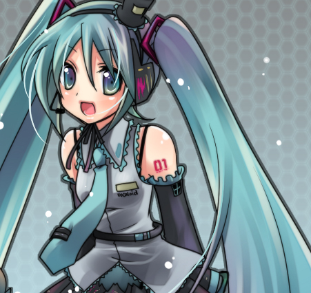 yukian, hatsune miku, vocaloid, lowres, 1girl, aqua eyes, aqua hair, aqua necktie, detached sleeves, female focus, grey background, hair between eyes, hat, long hair, looking at viewer, mini hat, mini top hat, necktie, open mouth, solo, top hat, twintails, very long hair