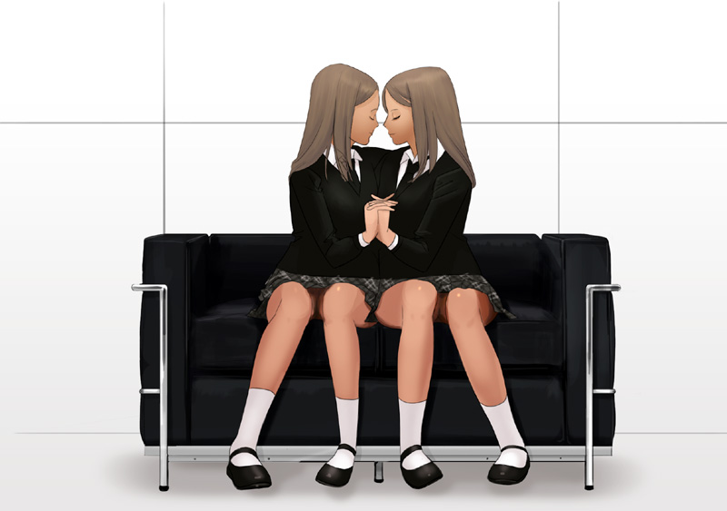 kiriman (souldeep), original, 2girls, brown hair, closed eyes, couch, face-to-face, holding hands, jacket, long hair, multiple girls, necktie, parted bangs, plaid clothes, plaid skirt, school uniform, sitting, skirt, yuri