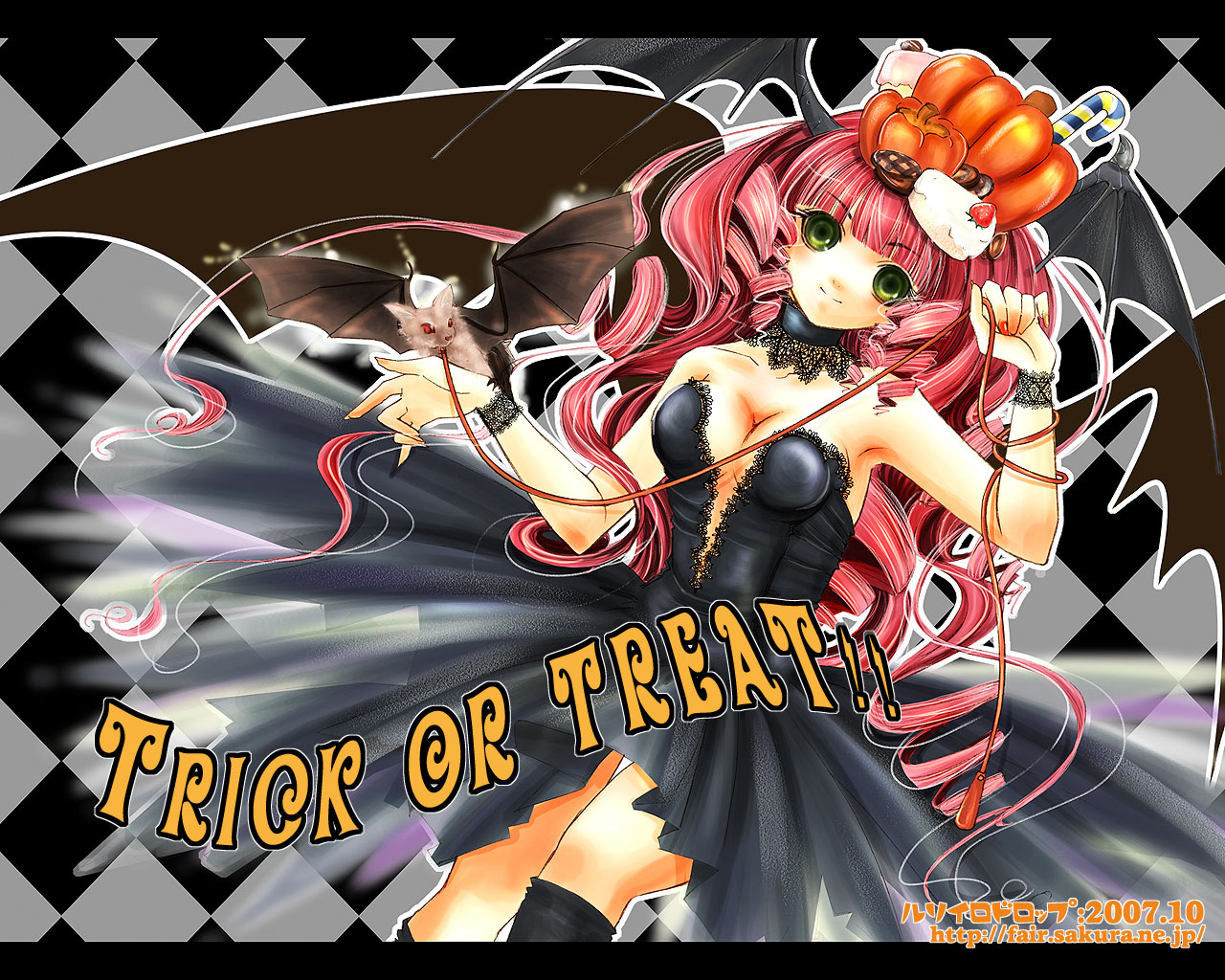 hatoyama rin, hatoyama ryo, original, 1girl, argyle background, argyle clothes, bat (animal), black dress, dress, female focus, goth fashion, green eyes, halloween, head wings, leash, long hair, pet, pink hair, solo, split mouth, trick or treat, wings