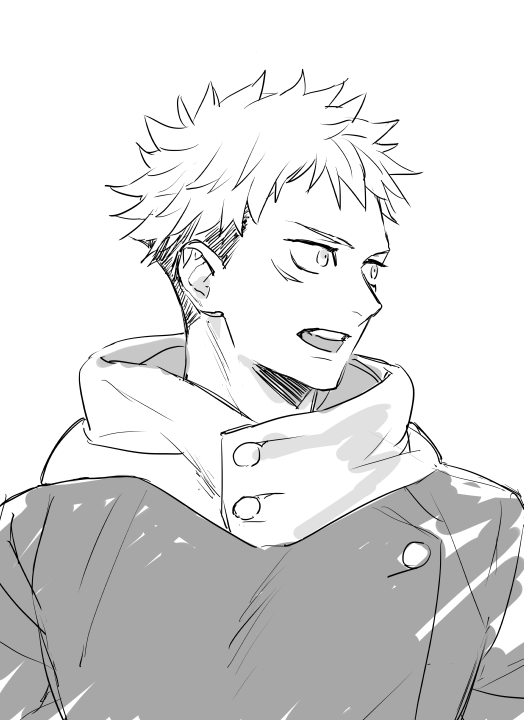11mtri, itadori yuuji, jujutsu kaisen, commentary request, 1boy, coat, facial mark, jujutsu tech uniform, looking to the side, male focus, multicolored hair, open mouth, short hair, short sideburns, simple background, sketch, solo, teeth, two-tone hair, upper body, upper teeth only, white background