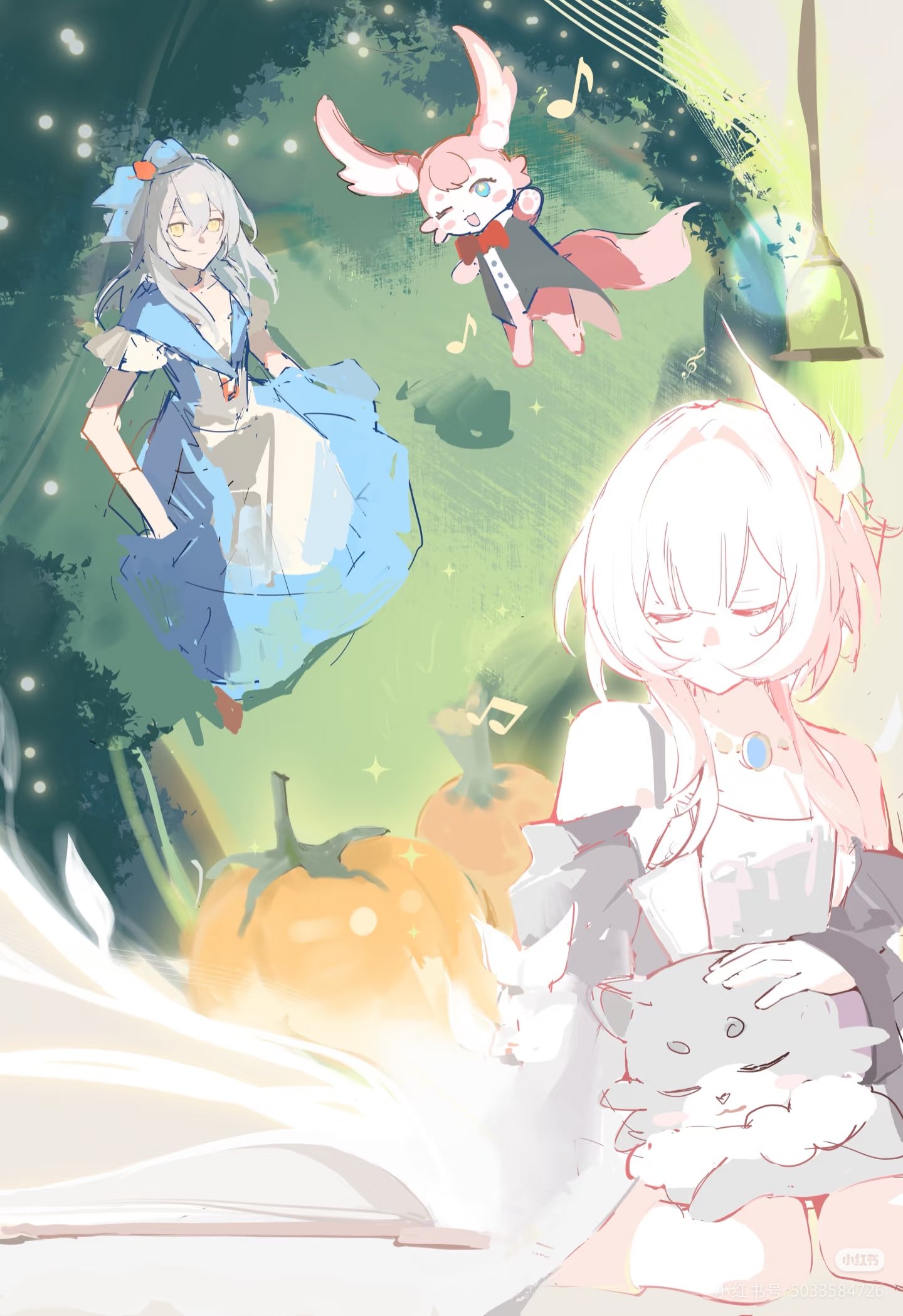 cyrene (honkai: star rail), mem (honkai: star rail), stelle (honkai: star rail), trailblazer (honkai: star rail), honkai: star rail, honkai (series), hashtag-only commentary, highres, ;o, animal, animal on lap, bare shoulders, blue dress, breasts, chimera (honkai: star rail), closed eyes, coat, cyrene (aedes elysiae) (honkai: star rail), dress, grass, grey hair, jewelry, medium hair, musical note, necklace, on lap, one eye closed, pink hair, pumpkin, purple coat, short hair, sinmavm, small breasts
