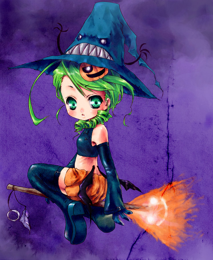 pokomi, kanaria, rozen maiden, 00s, 1girl, :o, bare shoulders, black gloves, blush, broom, broom riding, elbow gloves, female focus, full body, gloves, green eyes, green hair, halloween, hat, looking at viewer, matching hair/eyes, parted lips, purple background, short hair, simple background, sitting, solo, straddling, witch hat