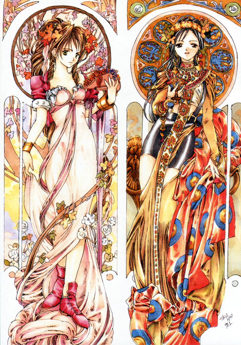 nao tsukiji, aerith gainsborough, tifa lockhart, final fantasy, final fantasy vii, highres, 1990s (style), 2girls, art nouveau, dress, earrings, flower, full body, headdress, jewelry, long dress, multiple girls, necklace, pink dress