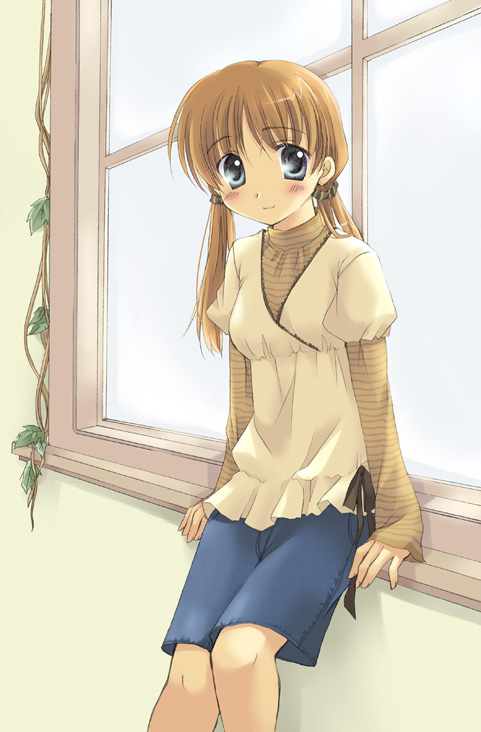 koyuki (2smj), koyuki (artist), original, 1girl, bare legs, blue hair, bow, brown hair, female focus, leaning, looking at viewer, plant, shorts, sitting, solo, turtleneck, twintails, vines, window