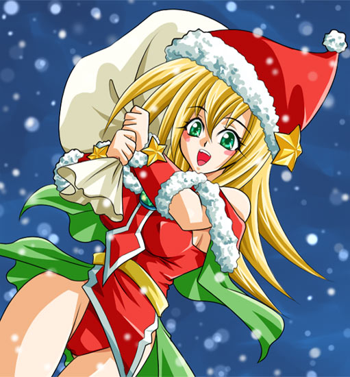 chorogi, dark magician girl, yu-gi-oh!, yu-gi-oh! duel monsters, 1girl, alternate costume, blonde hair, christmas, duel monster, female focus, green eyes, long hair, open mouth, panties, pantyshot, sack, santa costume, snow, snowing, solo, teeth, underwear