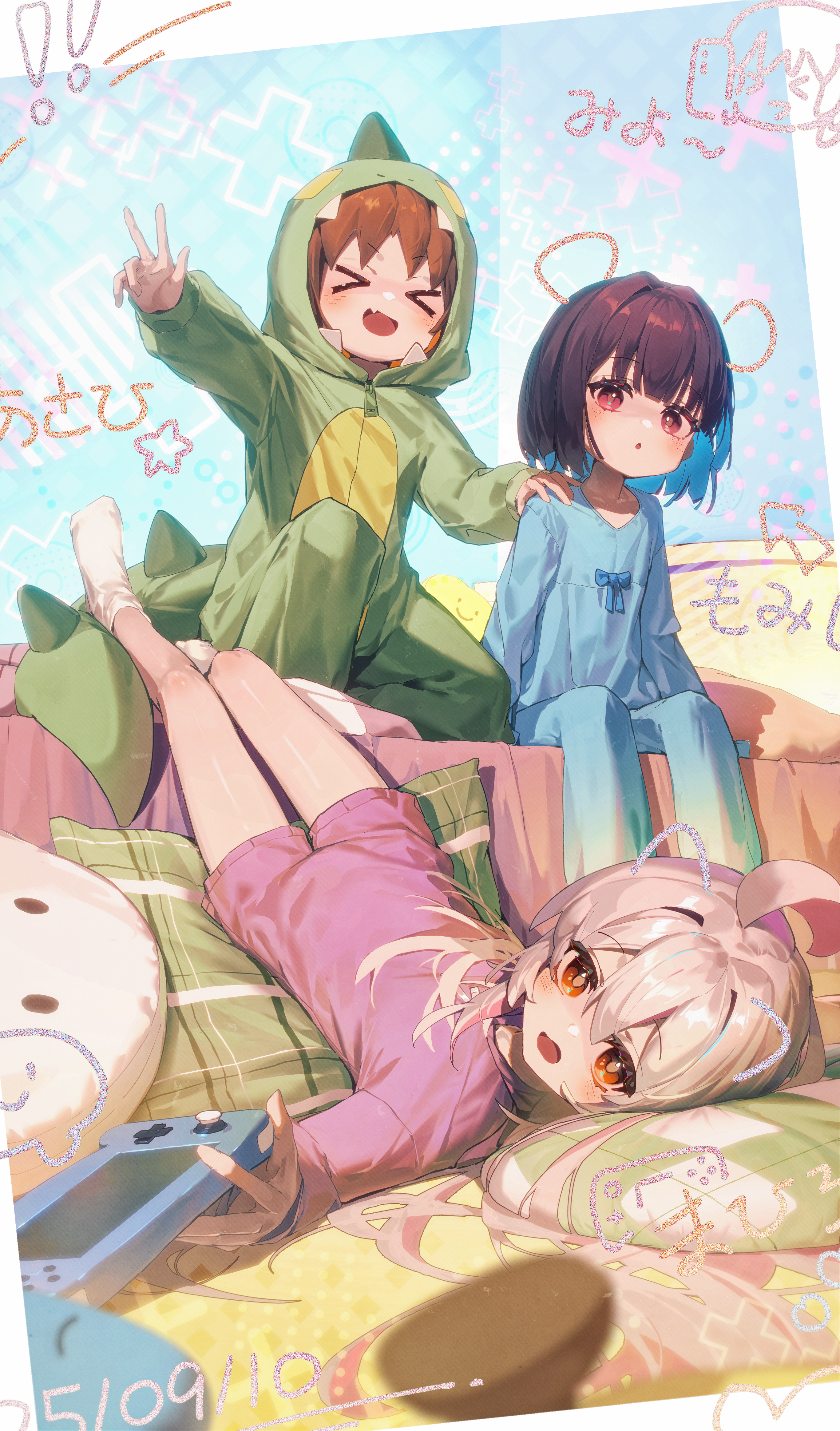 ap04astral, hozuki momiji, oka asahi, oyama mahiro, onii-chan wa oshimai!, absurdres, highres, > <, 3girls, ahoge, blonde hair, blue hair, blue pajamas, brown hair, closed eyes, colored inner hair, dinosaur costume, dinosaur hood, dinosaur tail, drawn ears, fang, full body, hand on another's shoulder, handheld game console, holding, holding handheld game console, hood, hood up, long hair, lying, medium hair, multicolored hair, multiple girls, no shoes, on back, on bed, onesie, open mouth, orange eyes, pajamas, pink pajamas, red eyes, sitting, skin fang, smile, socks, tail, two-tone hair, w, white socks