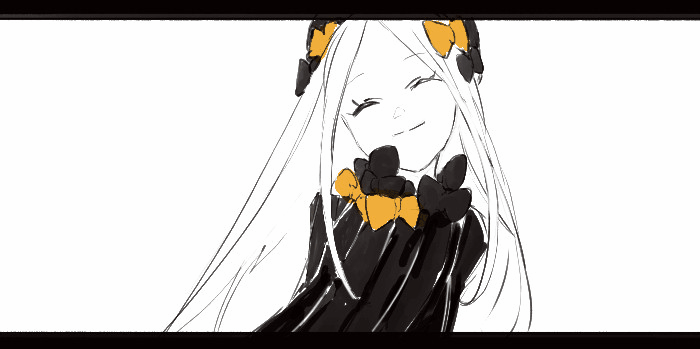 yorurokujuu, abigail williams (fate), animated, animated gif, 1girl, black dress, black eyes, black hat, black ribbon, dress, grey eyes, hat, keyhole, long hair, looking at viewer, monochrome, pale skin, red hat, ribbon, smile, spinning, staff, very long hair, white background, yellow ribbon