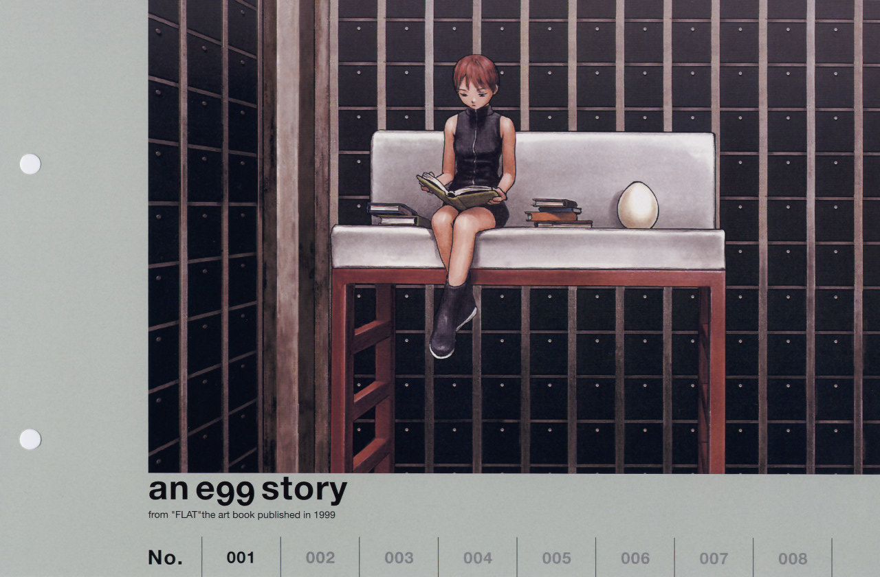murata range, futurhythm, non-web source, 1girl, book, boots, brown hair, couch, crossed legs, drawer, egg, female focus, ladder, legs, open book, reading, short hair, sitting, sleeveless, sleeveless turtleneck, solo, turtleneck, white upholstery