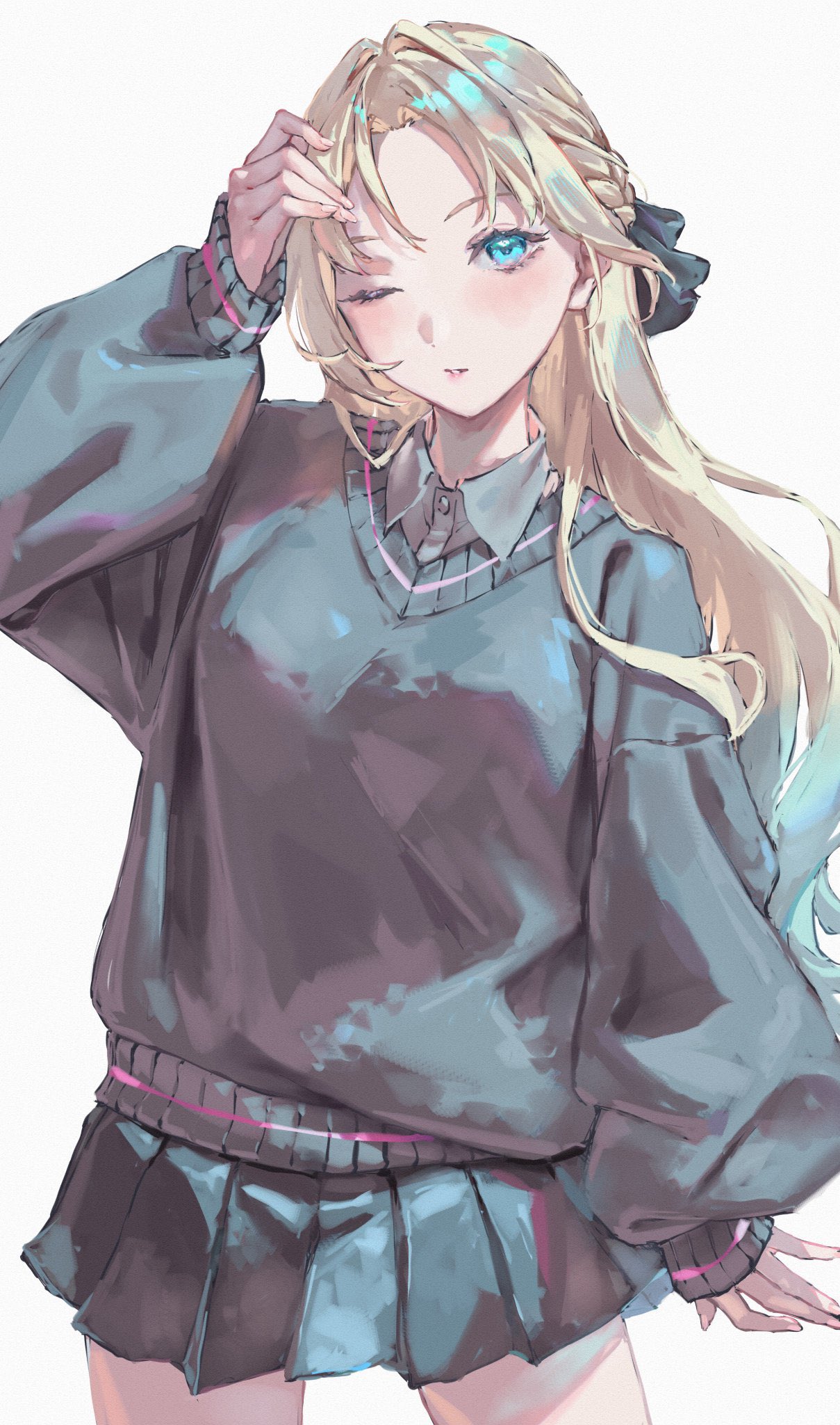 saidamoosu, osawa rurino, link! like! love live!, love live!, zozotown, commentary, highres, 1girl, arm up, black bow, black shirt, black skirt, black sweater, blue eyes, bow, collared shirt, cowboy shot, hair bow, hair intakes, half updo, legs apart, light blush, long sleeves, looking at viewer, miniskirt, official alternate costume, one eye closed, parted bangs, parted lips, pleated skirt, puffy long sleeves, puffy sleeves, shirt, simple background, skirt, solo, standing, sweater, virtual youtuber, white background
