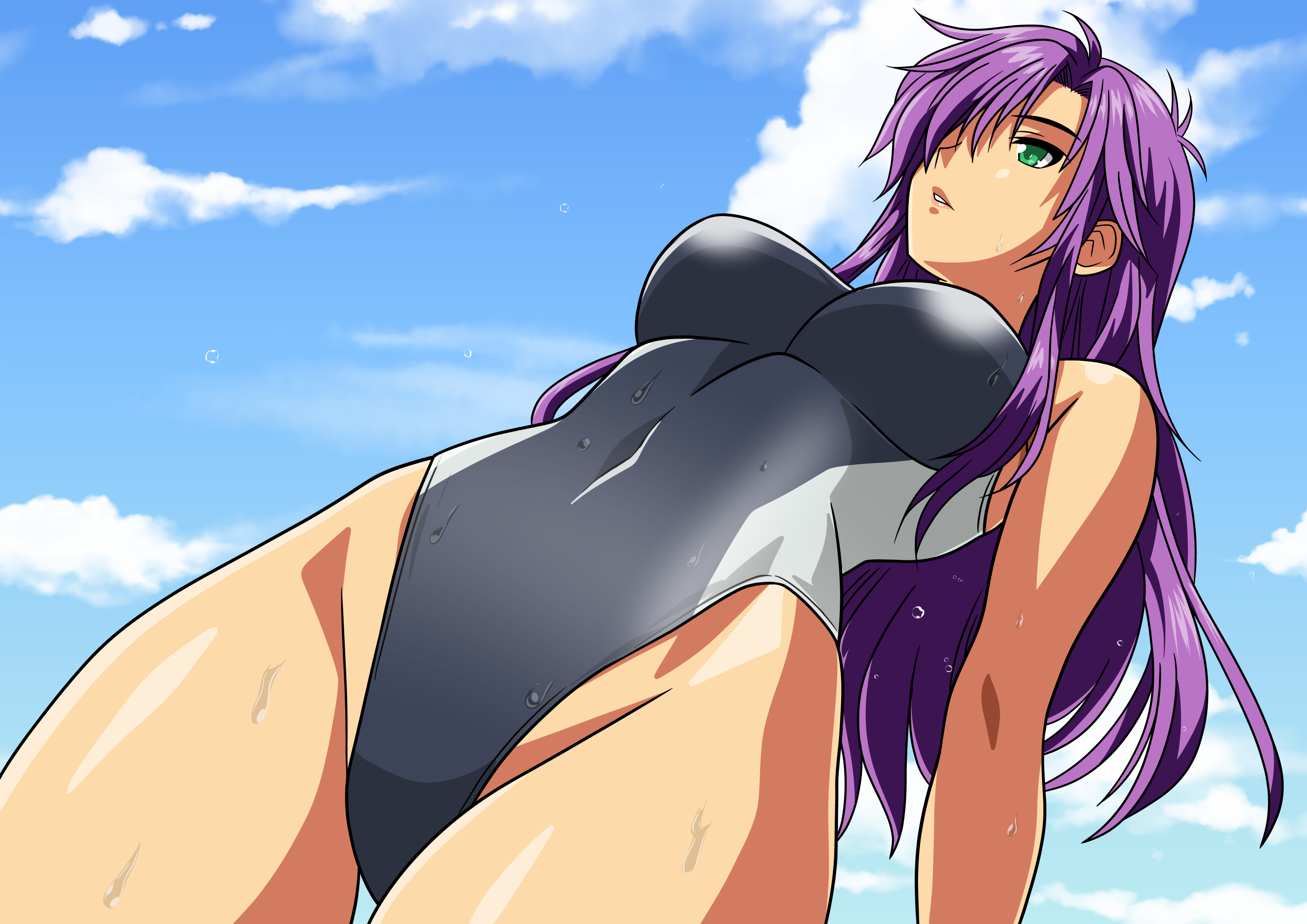 yuuyuu (3jjbn), faris scherwiz, final fantasy, final fantasy v, commentary request, highres, 1girl, black one-piece swimsuit, breasts, competition swimsuit, covered navel, from below, green eyes, hair over one eye, highleg, highleg one-piece swimsuit, long hair, medium breasts, one-piece swimsuit, purple hair, solo, swimsuit, wet