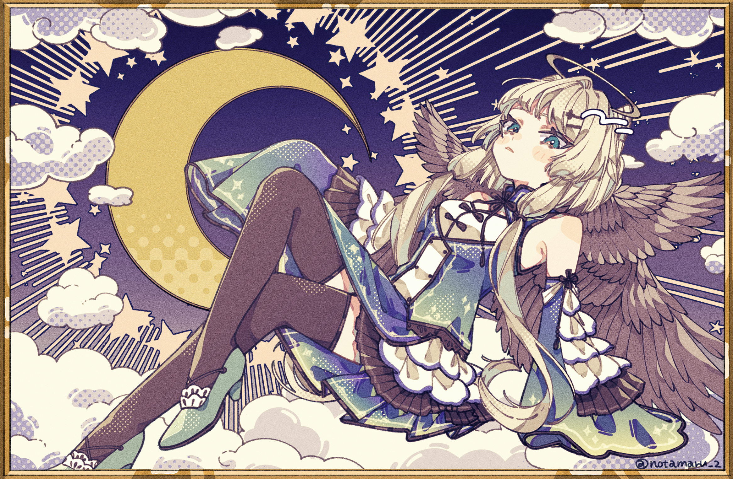 notamaru 2, original, commentary request, highres, 1girl, angel, bare shoulders, blonde hair, blush stickers, border, brown thighhighs, brown wings, cloud, crescent moon, detached sleeves, dress, feathered wings, full body, green eyes, green shoes, halo, high heels, long hair, long sleeves, looking at viewer, moon, night, parted lips, shoes, sitting, sleeveless, sleeveless dress, solo, thighhighs, traditional halo, twitter username, white dress, white sleeves, wings, yellow border, zettai ryouiki