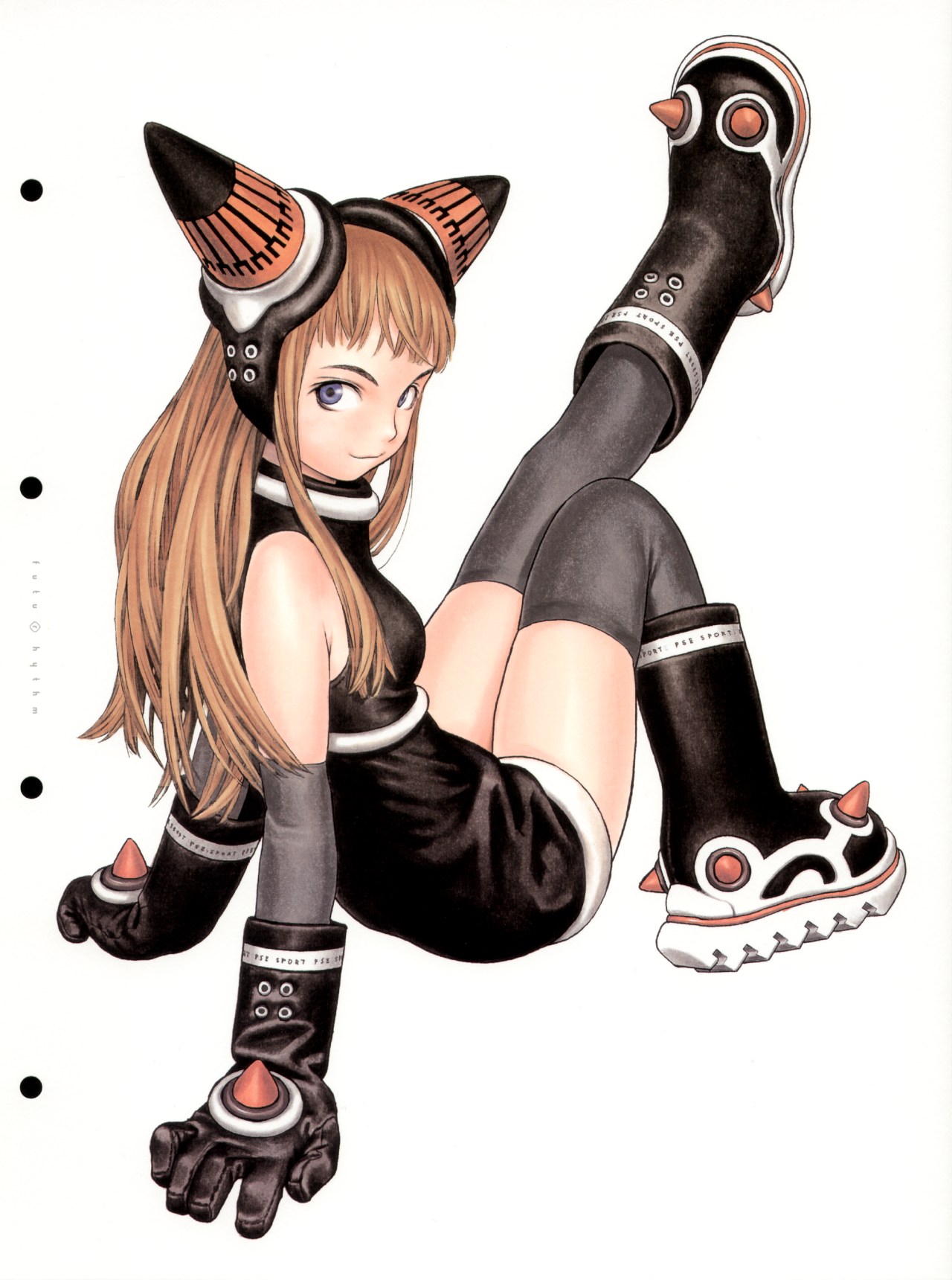 murata range, futurhythm, highres, 1girl, animal ears, blonde hair, blue eyes, boots, drill hair, elbow gloves, female focus, full body, gloves, long hair, scar, simple background, smile, solo, stitches, thighhighs, twin drills