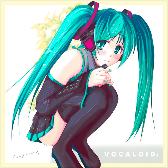 cyprus (circle), hatsune miku, vocaloid, 1girl, aqua hair, black thighhighs, detached sleeves, female focus, outside border, solo, thighhighs, twintails, white background